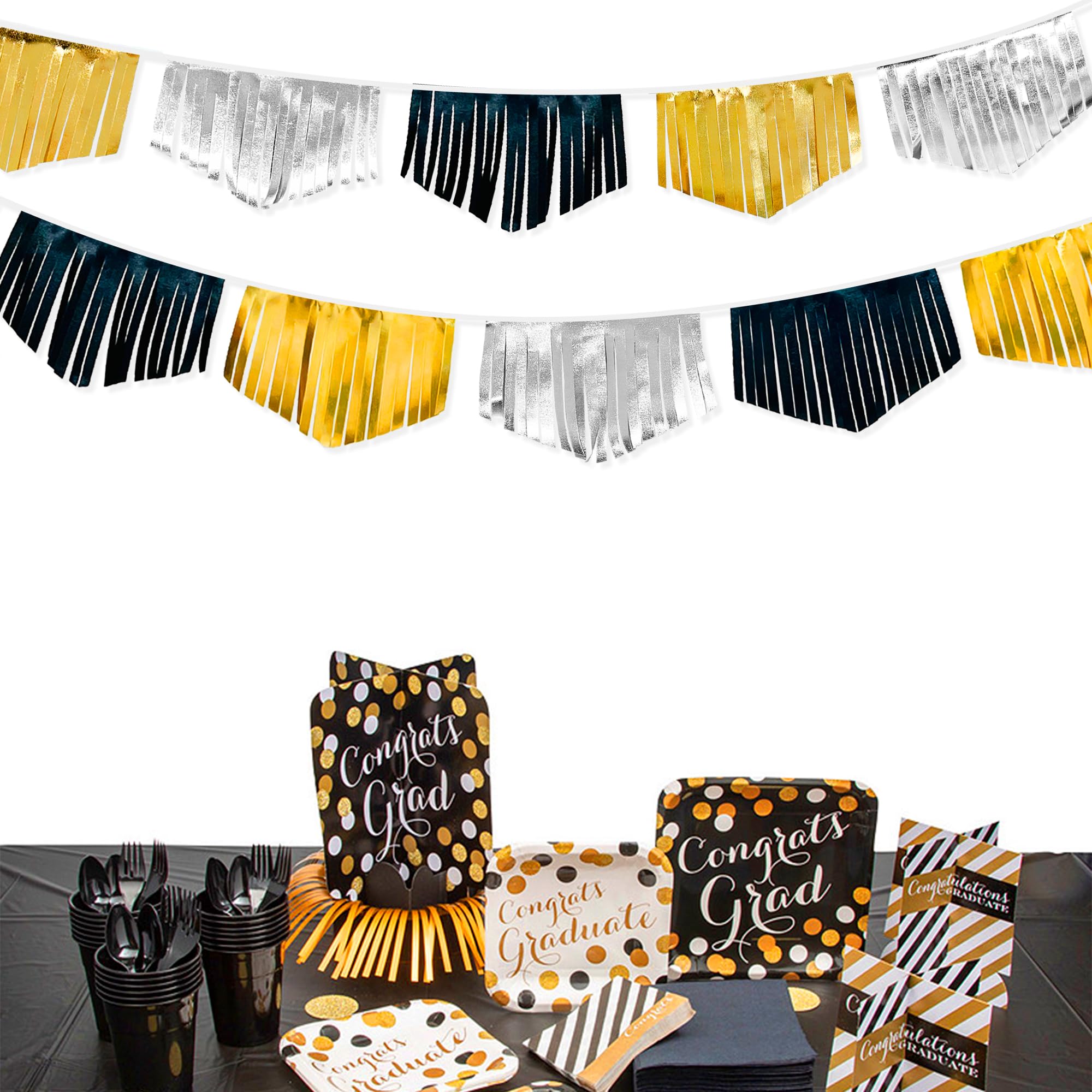 Black Silver Gold Tassel Banner Double Sided Metallic Fabric Pennant Bunting Flag Garland For Graduation Birthday Anniversary Ba
