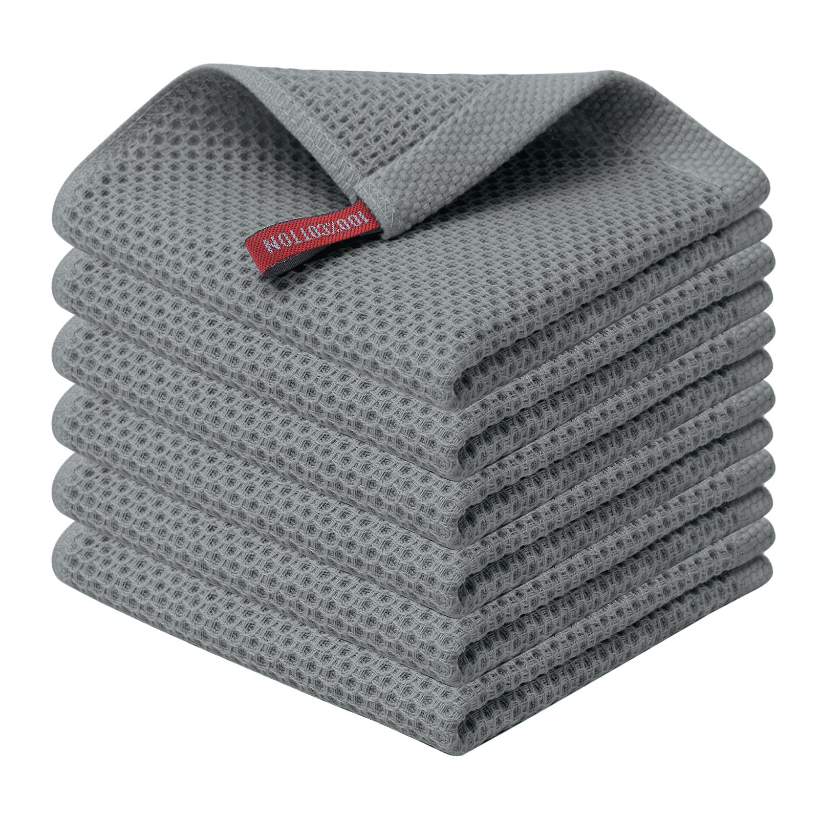 Kitinjoy 100% Cotton Kitchen Dish Cloths (12 X 12 Inches, Grey),6 Pack Waffle Weave Ultra Soft Absorbent Dish Towels for Drying 