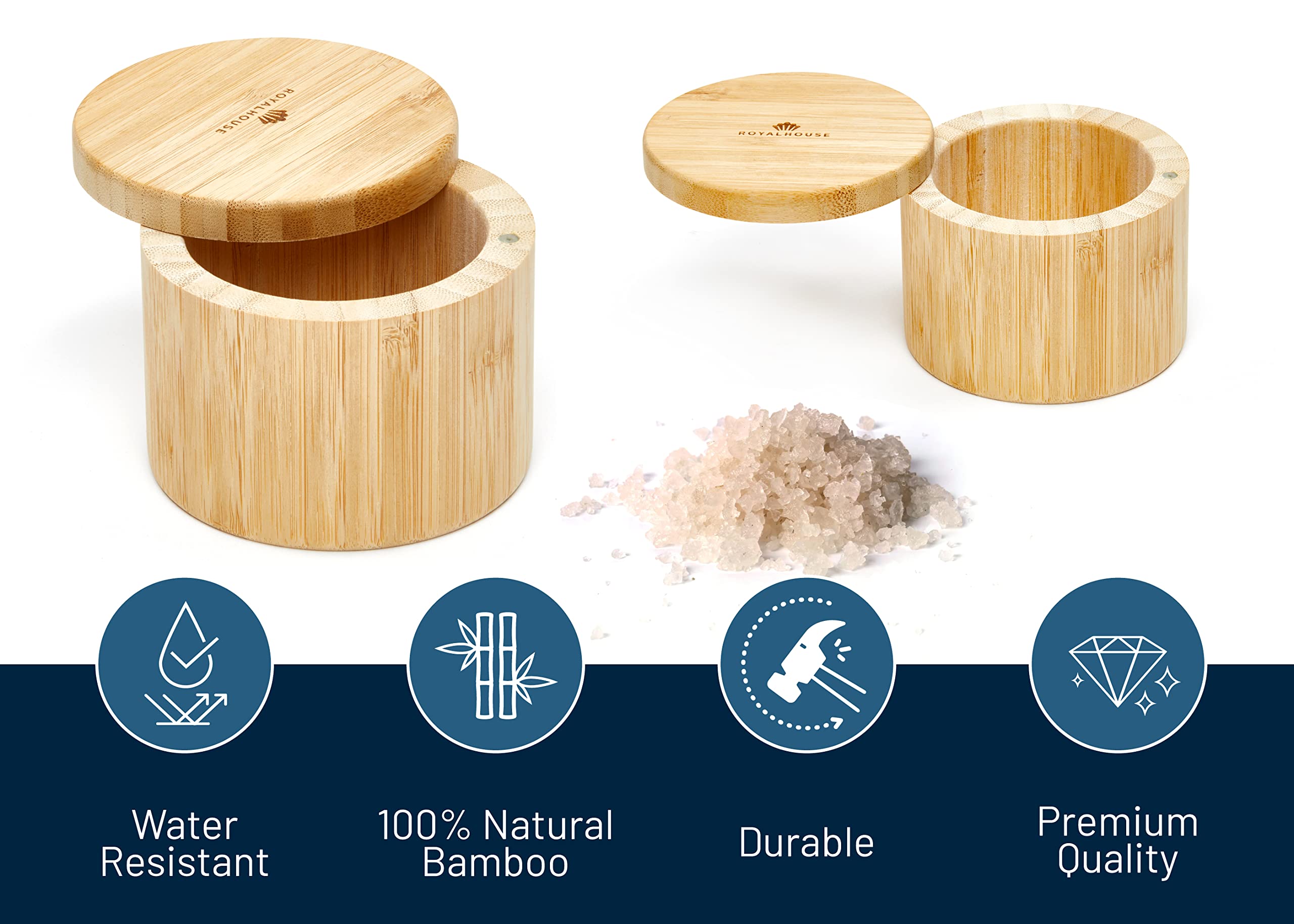 Royalhouse Natural Bamboo Salt And Pepper Holder With Bamboo Lid, Salt Cellar With Magnetic Swivel Lid, Healthy Storage Box For