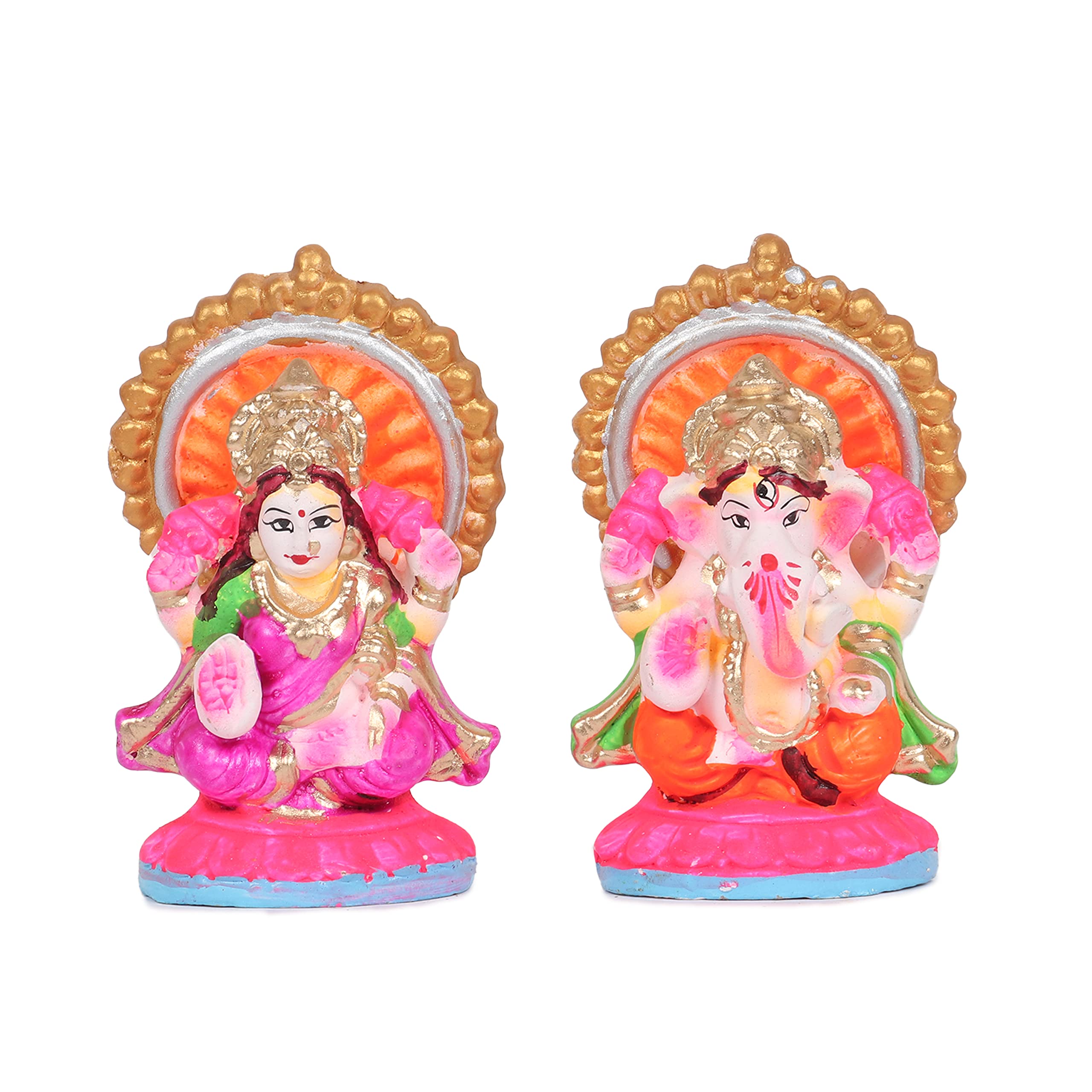 Khajuraho Crafts | Vibrant Small Laxmi Ganesh Set Idol | Terracotta Clay-Based Lakshmi Ganesha Idols for Diwali Gifts Puja (3.5