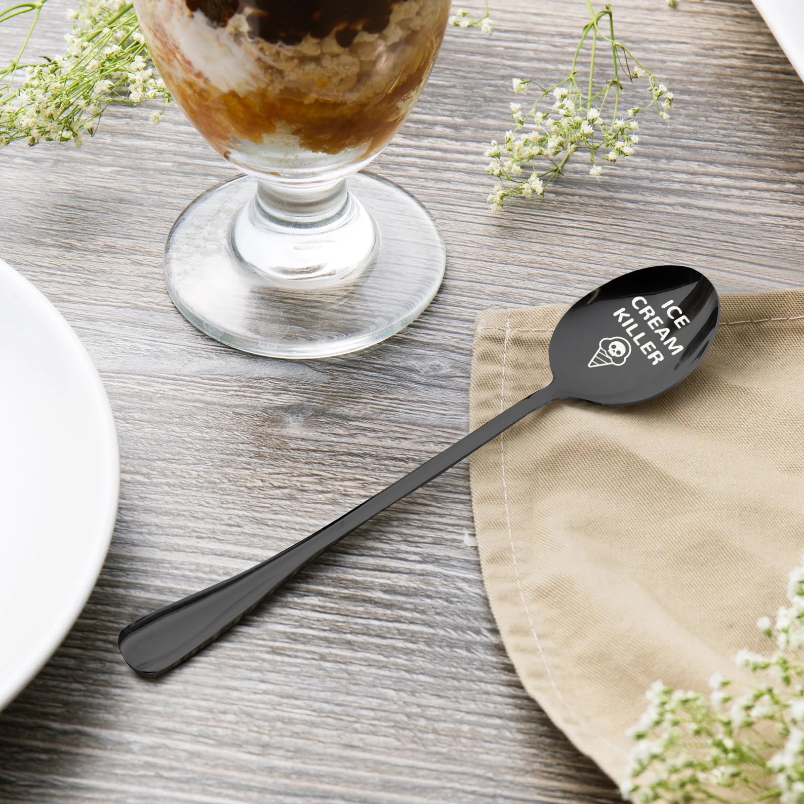 Pzjiean Ice Cream Killer Black Engraved Stainless Steel Spoon, Funny Ice Cream Spoon Coffee Spoon Dessert Spoon Gifts For Ice Cr