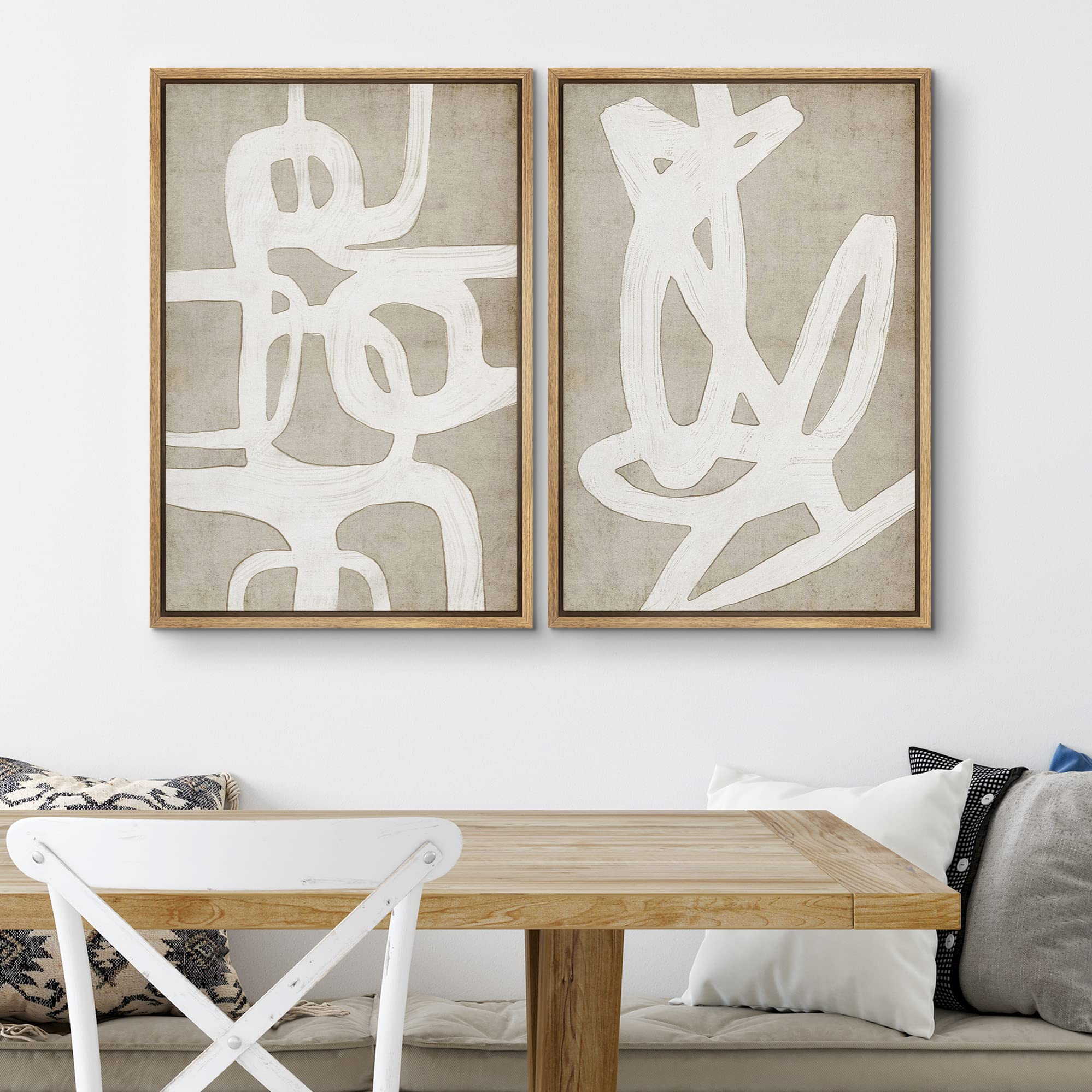 Signwin Framed Canvas Print Wall Art Set Mid-Century Tan Paint Strokes Abstract Shapes Illustrations Minimalism Decorative Bohem