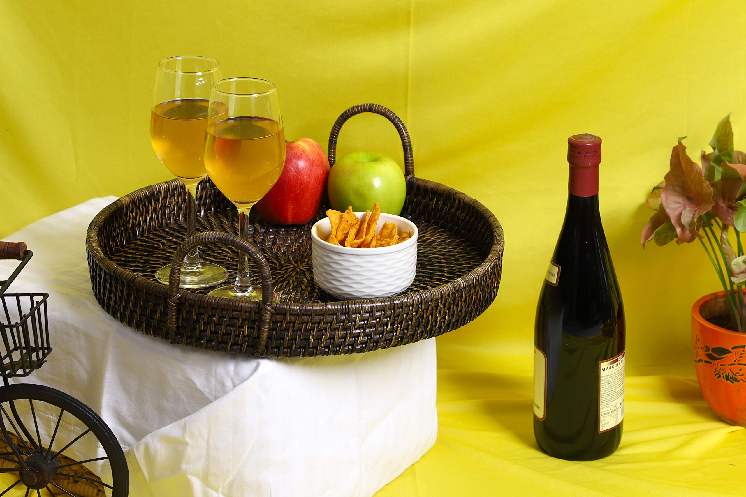 AKWAY Wicker Serving Tray Wooden Serving Tray for Home | Dining Table Decorative Trays | Serving Tray for Party Guests | Rectang