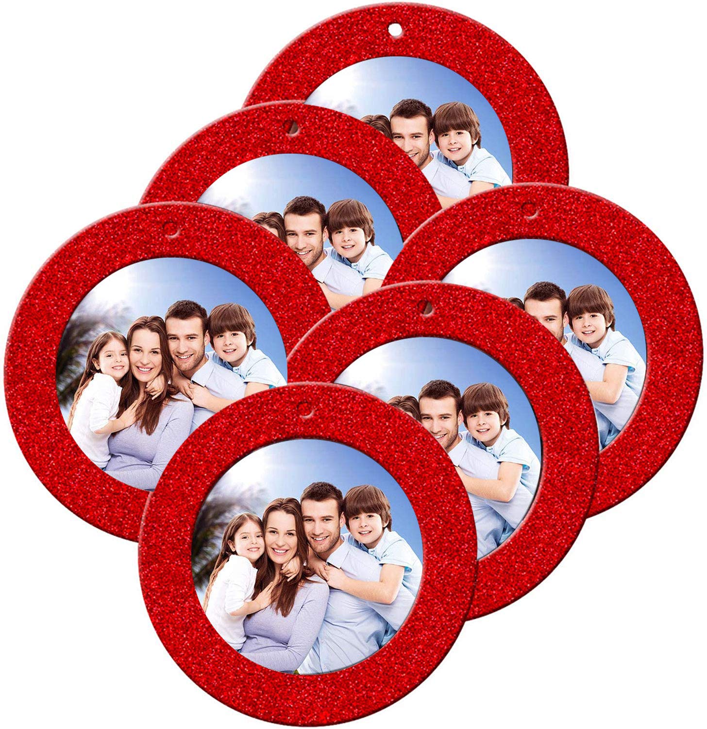 12 Pieces Red Magnetic Glitter Christmas Photo Frame Ornaments Mini Round Holiday Picture Frame with Hemp Rope for Holiday Chris