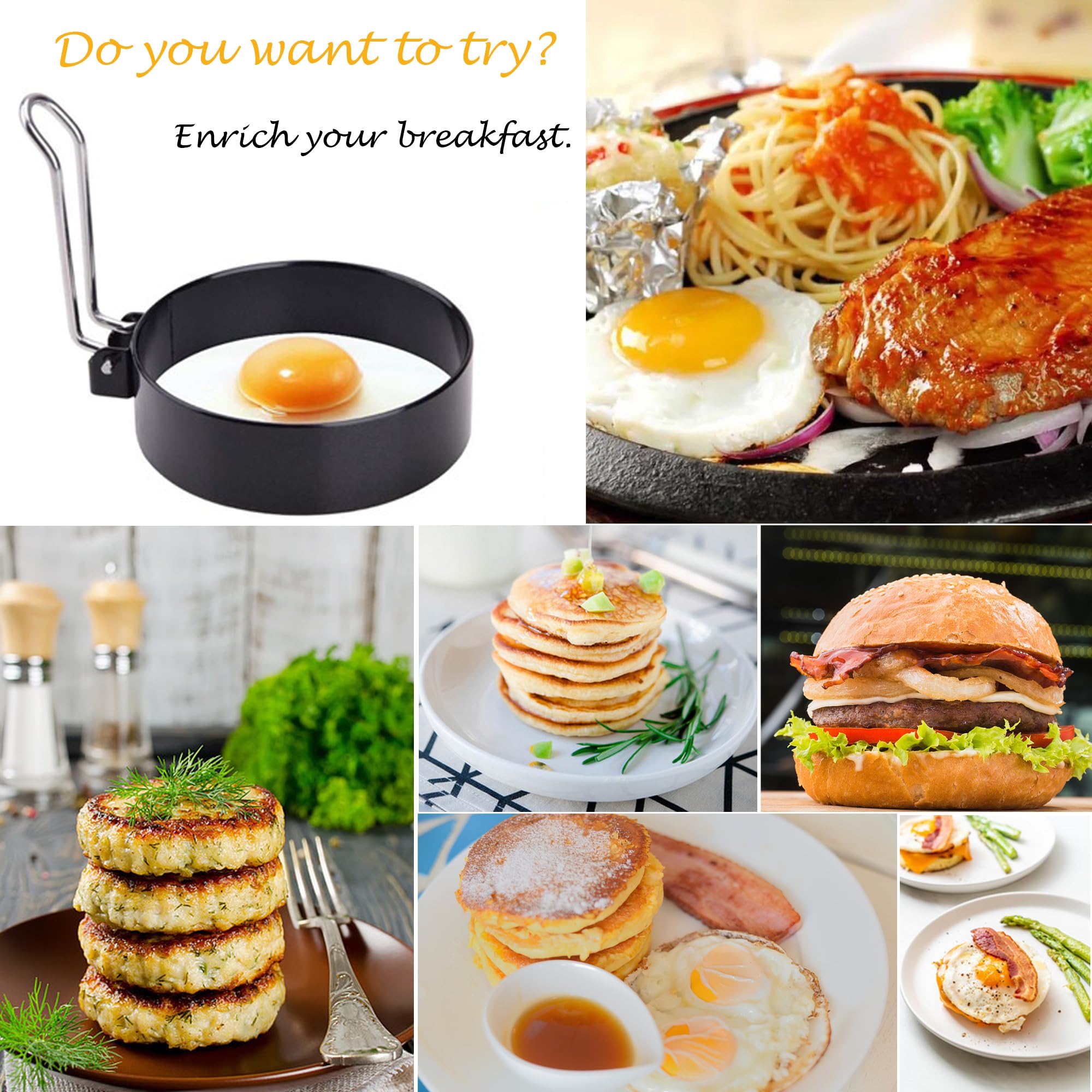 PCTC Nonstick Stainless Steel Egg Rings Set of 2 - Black Round Egg Cooker Molds for Perfect Breakfast Sandwiches