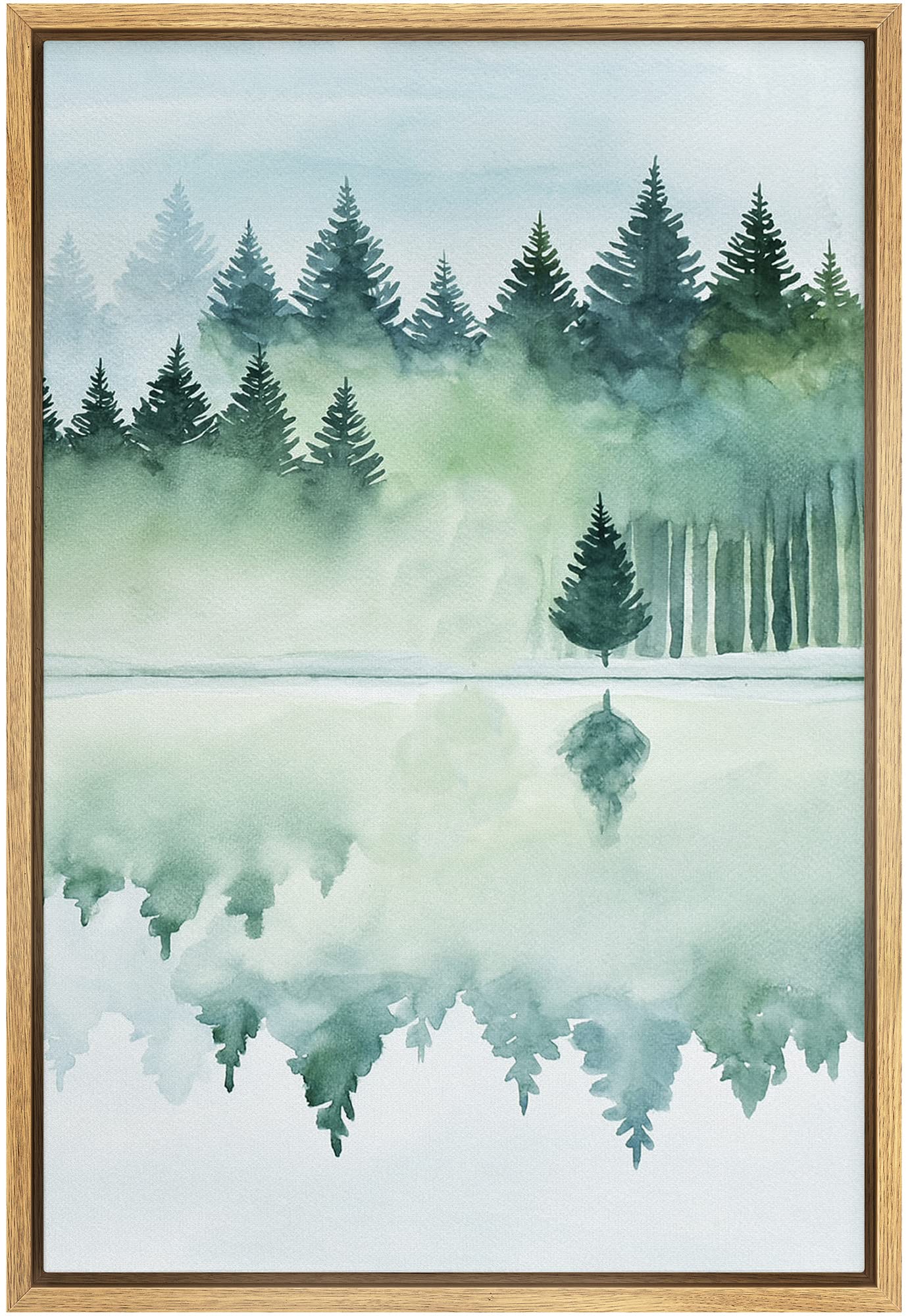 Signwin Framed Canvas Print Wall Art Woodland Nursery Decor Green Watercolor Forest Lake Reflection Nature Modern Art Decorative