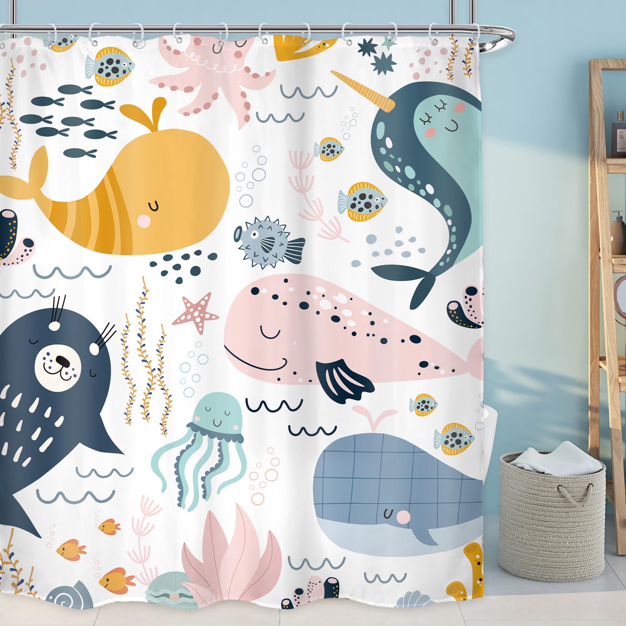 Lghtyro Cartoon Whale Shower Curtain Bathroom Set 60Wx71H Inches Kids Fish Baby Ocean Animals Underwater Sea Boys Girls Child Ba