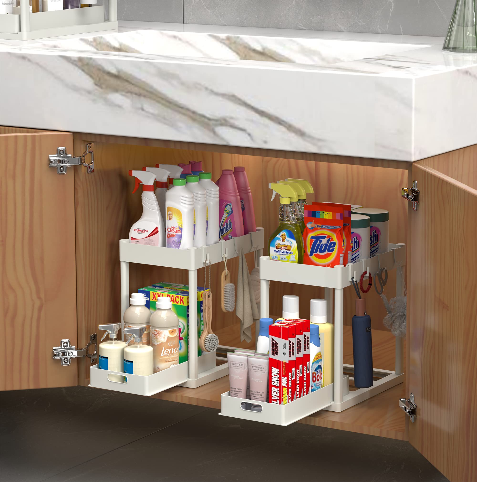 2Pcs Under Sink Organizer Kitchen Bathroom Storage Cabinet 2 Tier Sliding Drawer Counter Organization Shelf Storage Drawers Rack