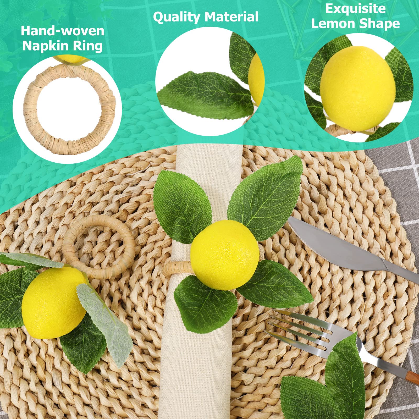 Whaline 15Pcs Lemon Napkin Rings Faux Lemon Napkin Holder Rustic Farmhouse Lemon Vine Leaf Napkin Rings Yellow Summer Fruit Serv