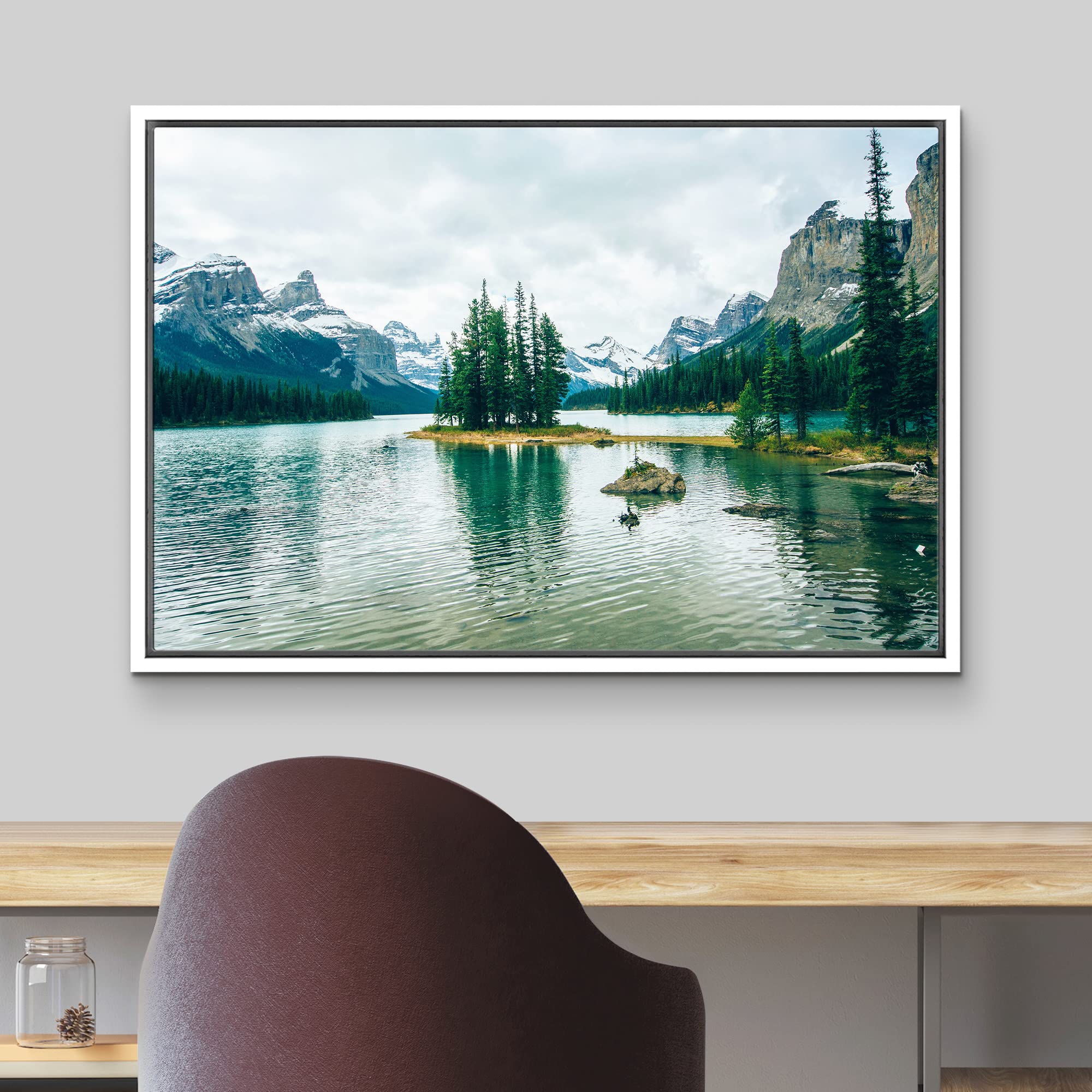 wall26 Framed Canvas Print Wall Art Winter Pine Tree Forest Mountain Lake Nature Wilderness Photography Realism Earth Scenery Rustic Scenic Landscape for Living Room  Bedroom  Office - 24''x36'' White