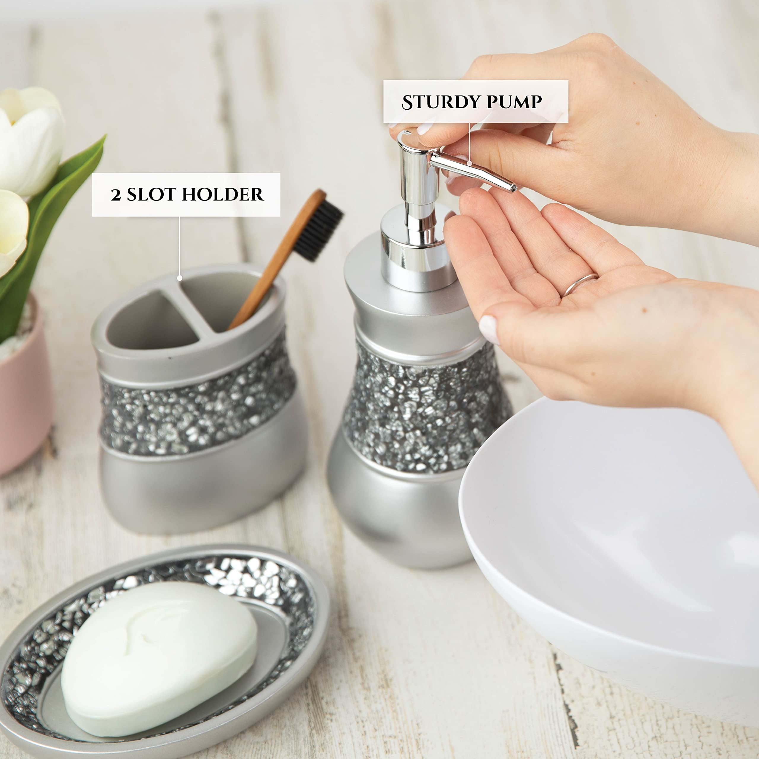 Creative Scents Silver Bathroom Accessories Set Complete - 6 Piece Mosaic Glass Bathroom Accessory Set Includes: Trash Can, Tiss