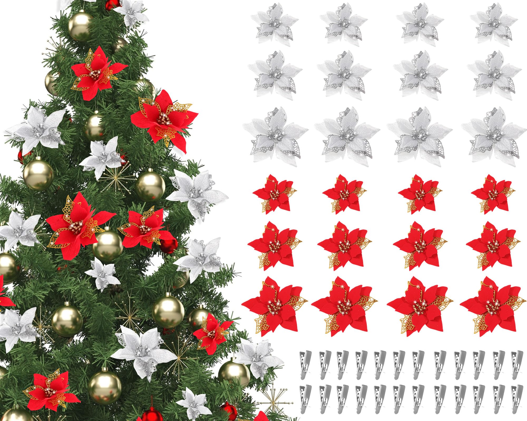 Boao 24 Pieces Christmas Artificial Glitter Poinsettia Flowers Xmas Flowers Wedding Christmas Tree New Year Ornaments(Red and Si
