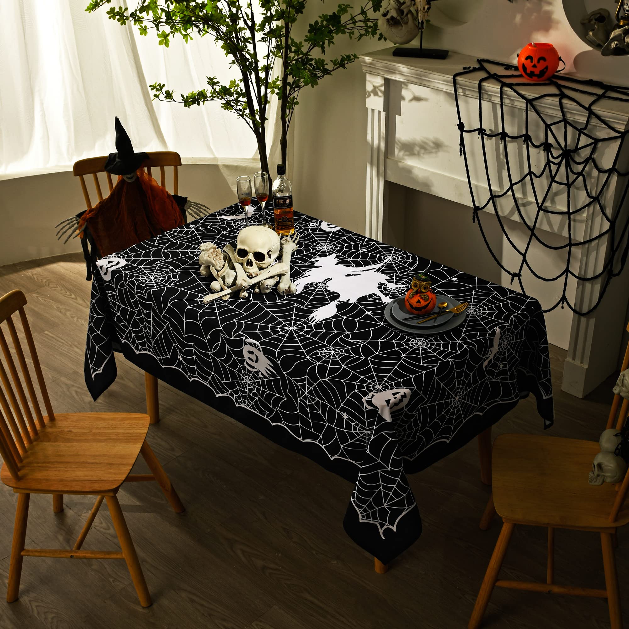 Mikiup Rectangle Halloween Tablecloth - Spider Web Decorative Holiday Table Cloth, Waterproof And Washable Table Cover For Party