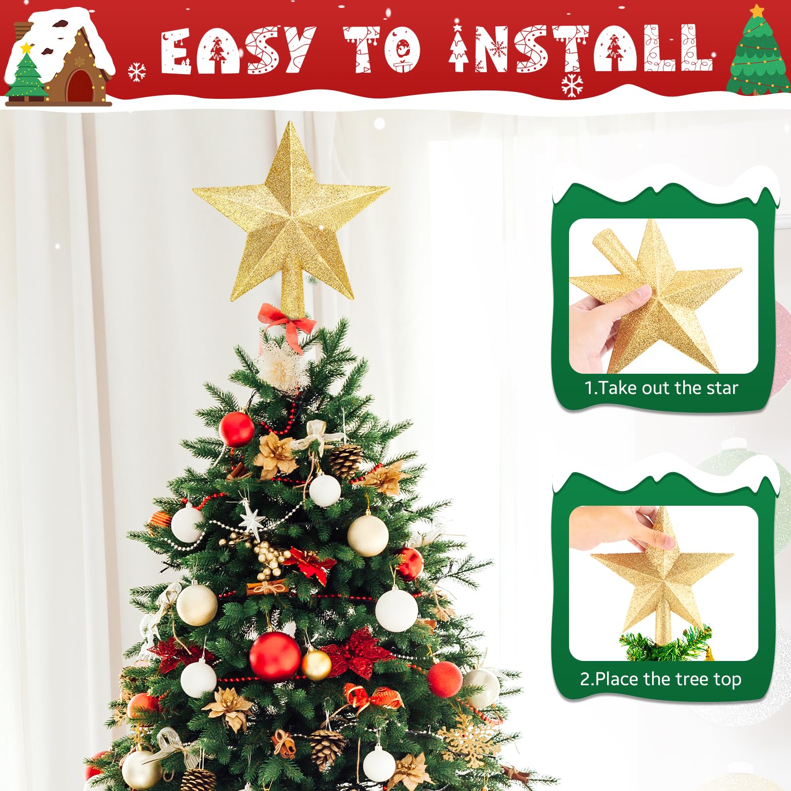 Glitter Christmas Star Tree Topper for Holiday Decorations, Christmas Tree Decoration for Holiday Ornament and Home Decor, Shatt