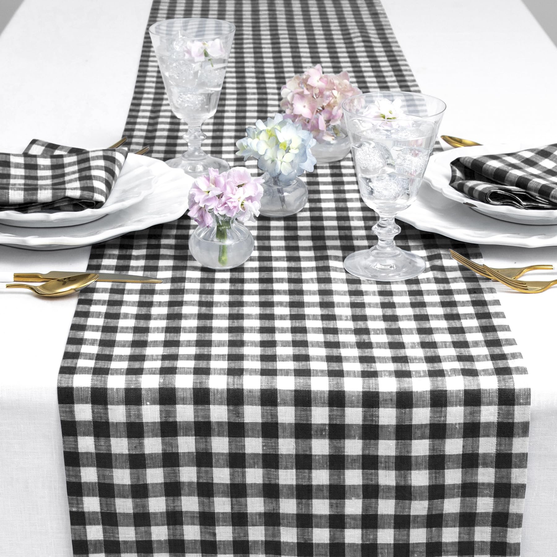 Solino Home Check Linen Table Runner 108 Inches Long - 100% Pure Linen Black Plaid Table Runner 14 X 108 Inch Ideal For Wedding,