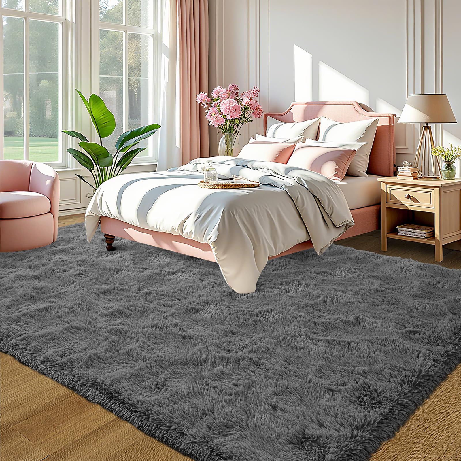 LOCHAS Ultra Soft Indoor Modern Area Rugs 6x9, Fluffy Living Room Carpets for Children Bedroom Home Decor Nursery Rug, Coal-Gray