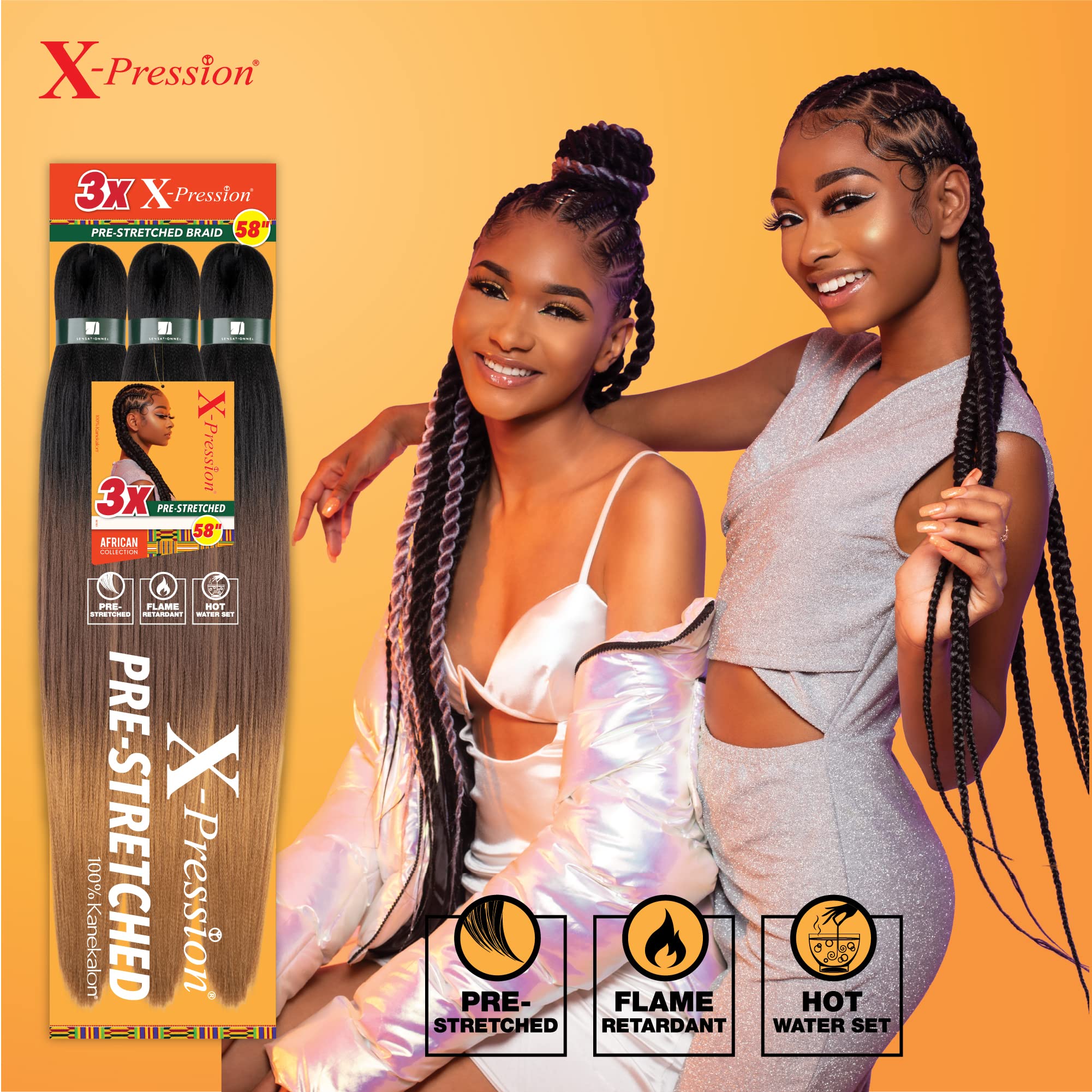 Sensationnel Xpression Prestretched Braiding Hair - Kanekalon Flame Retardant Smooth Yaki Braid Hair Extension 3X 58 Inch (2 Pac