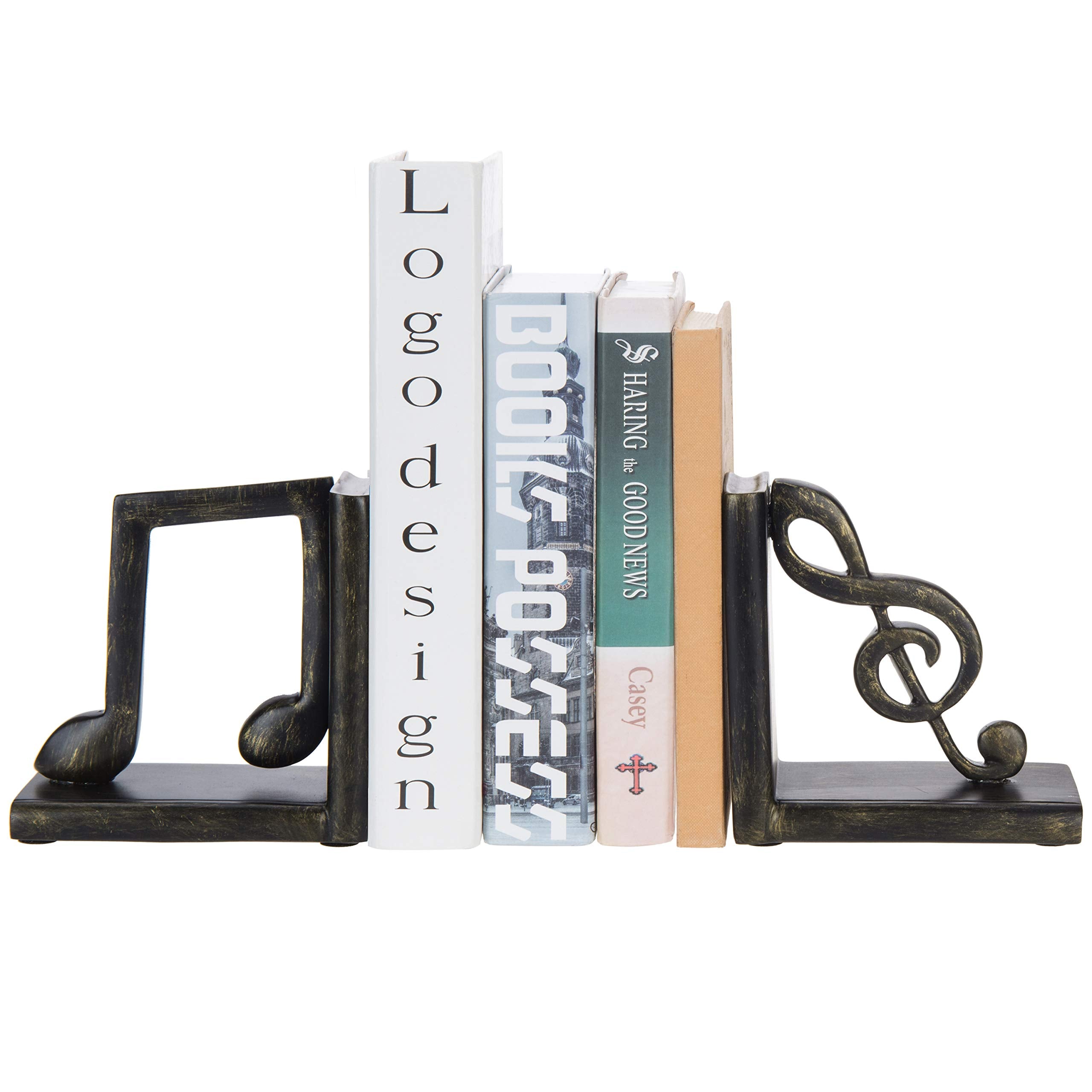 MyGift Tabletop Decorative Bookends, Elegant Brown Resin L-Shaped Desktop Book End Holders with Sculpted Musical Notes, 2 Piece 