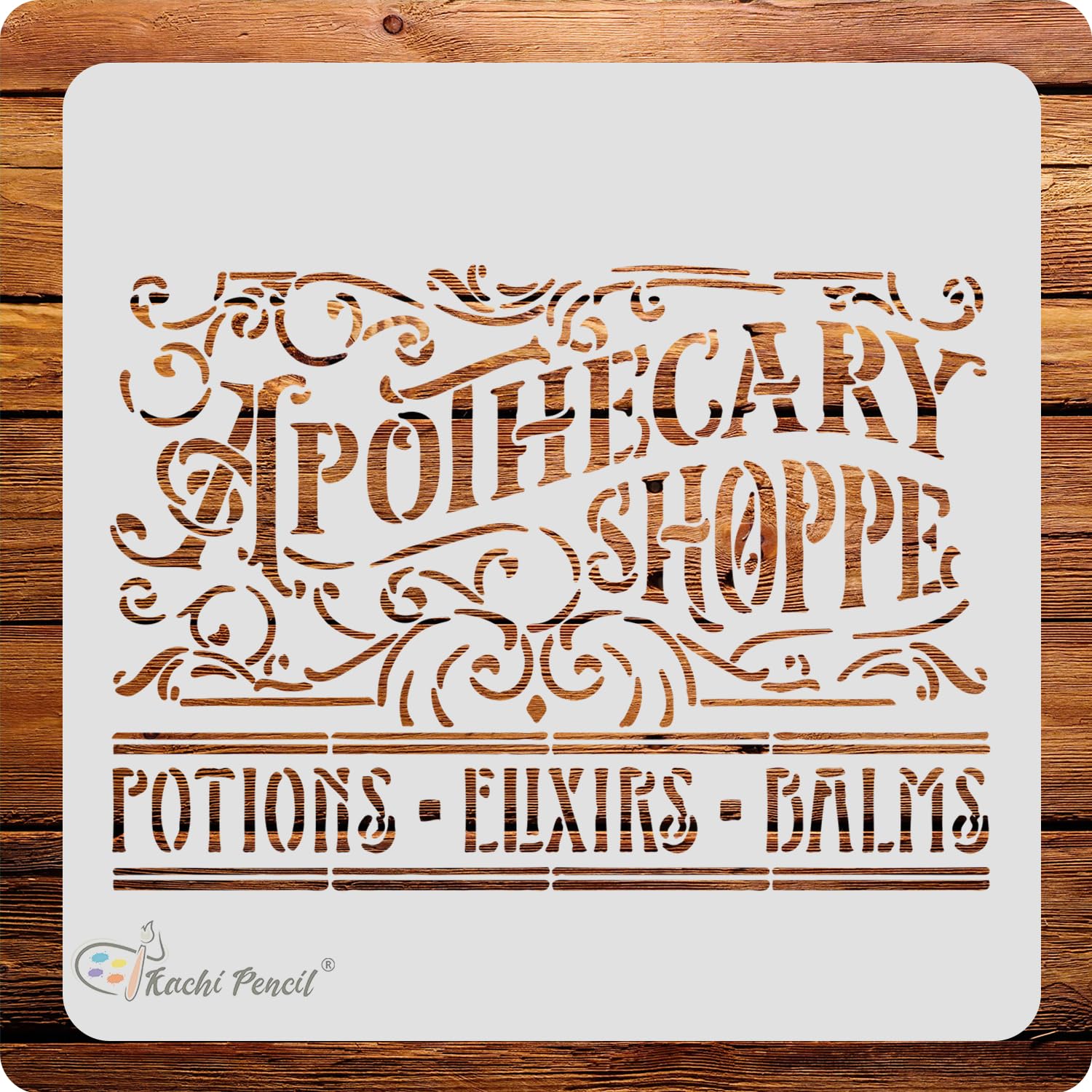 Kachi Pencil Apothecary Shoppe Stencil For Craft Painting, Scrapbooking |, Size 6X6 Inch Reusable Stencils For Painting On Wall,