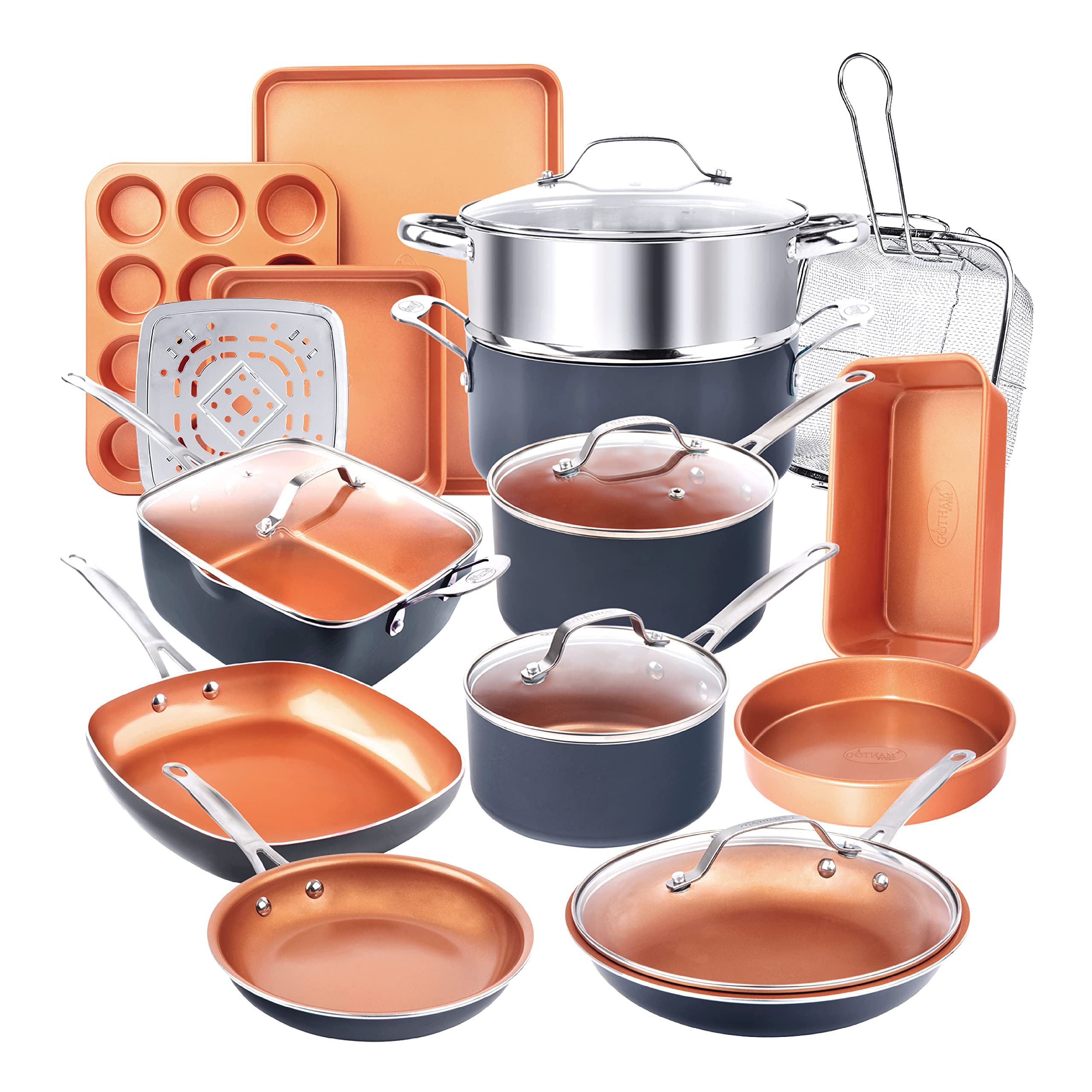 Gotham Steel True 20 Pc Ceramic Cookware Set Nonstick, Ceramic Pots and Pans Set Non Stick with Deep Square Pan Set & Bakeware S