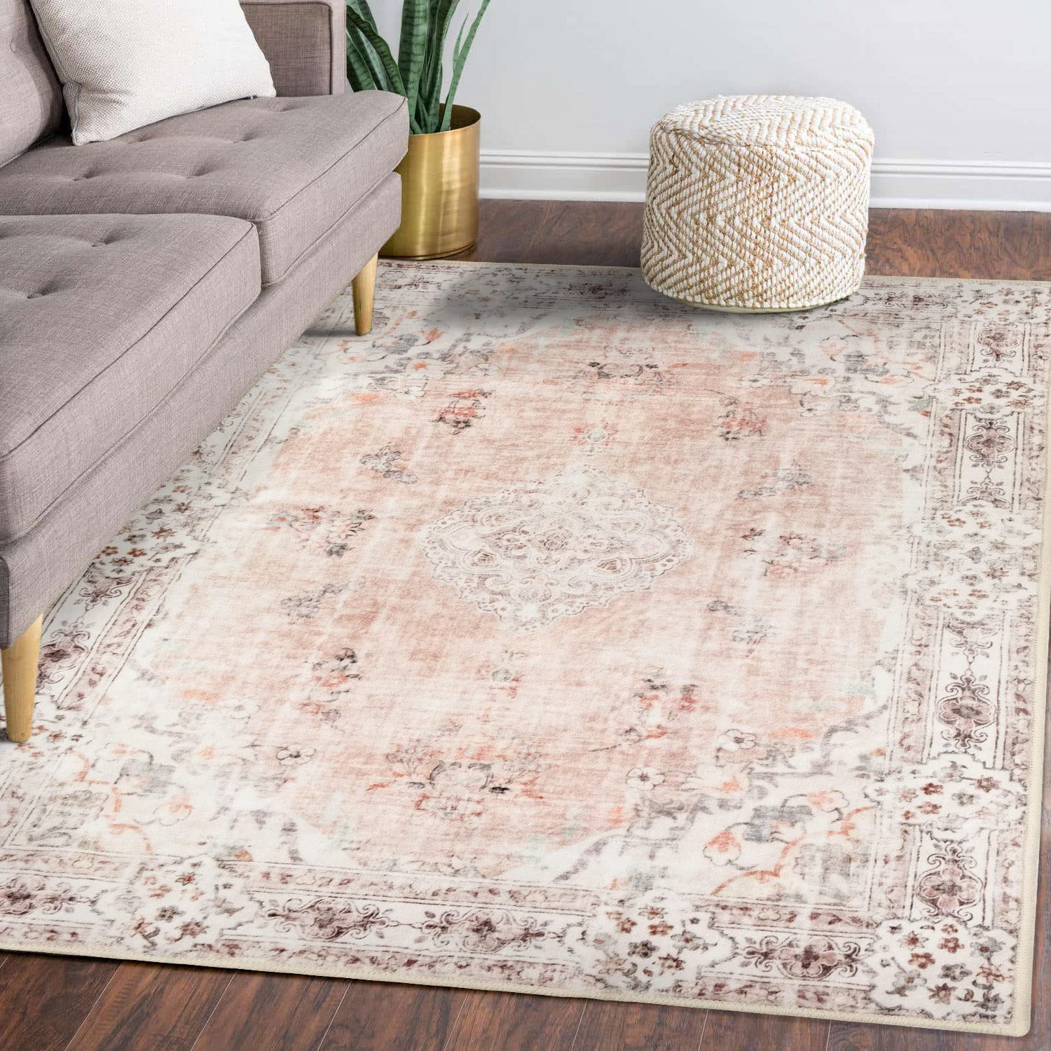 MUJOO 5x7 Area Rugs Pink Machine Washable Boho Rug for Bedroom,Living Room, Laundry Room Kitchen Non Slip Carpet Abstract Soft