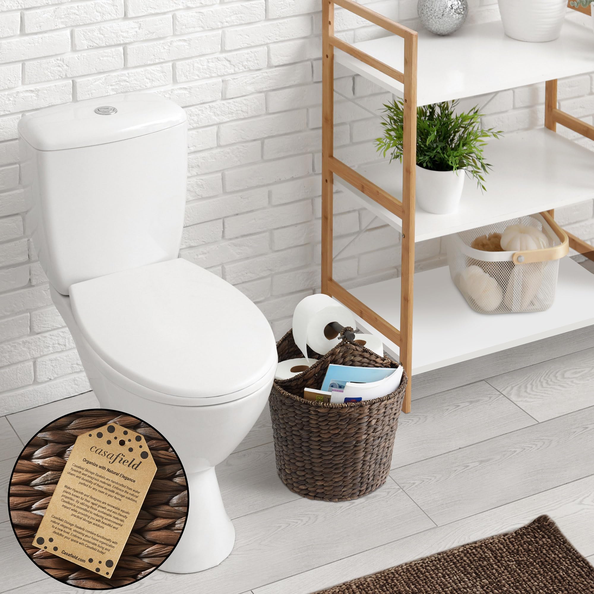 Casafield Toilet Paper Roll Storage Basket with Magazine Holder, Espresso - Woven Water Hyacinth Wicker Bathroom Bin for Bath Ti