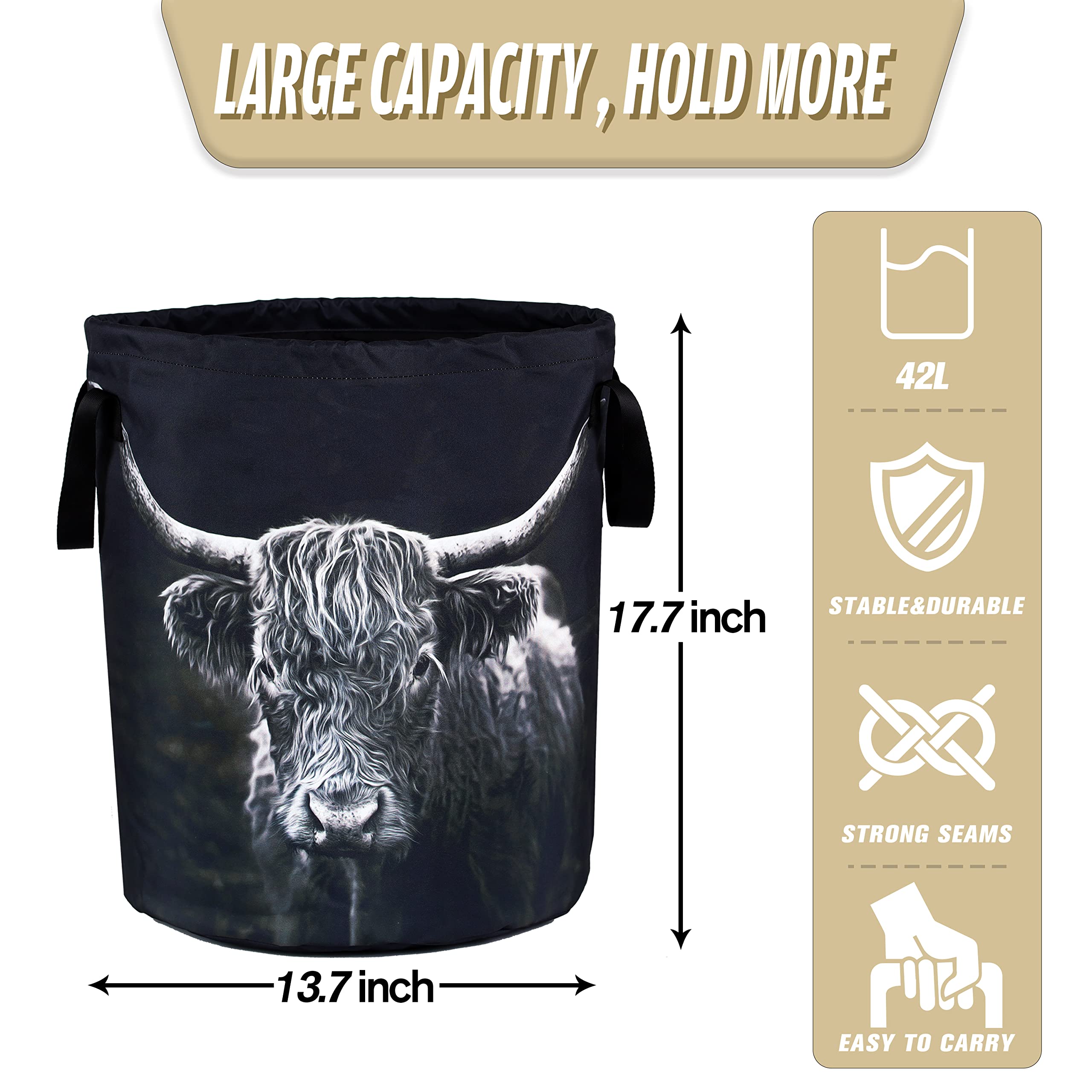 Highland Cow Laundry Basket Animal Foldable Waterproof Oxford Cloth Funny Tote Bag Laundry Hamper Clothes Storage Bucket Toy Org