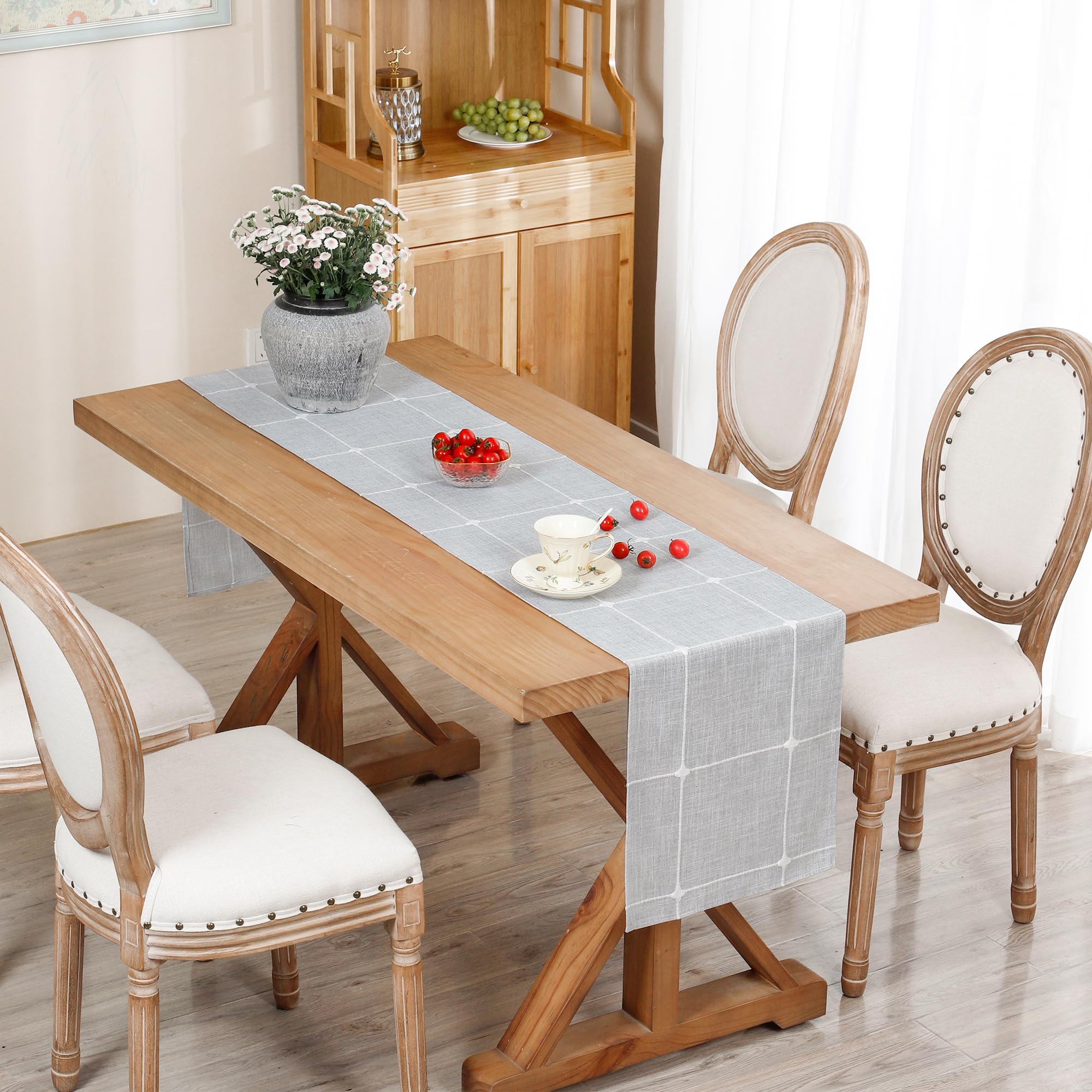 Embroidered Linen Table Runner Rustic Plaid Farmhouse Table Runners Checkered Rectangle Runner For Dinning Dresser Coffee Party