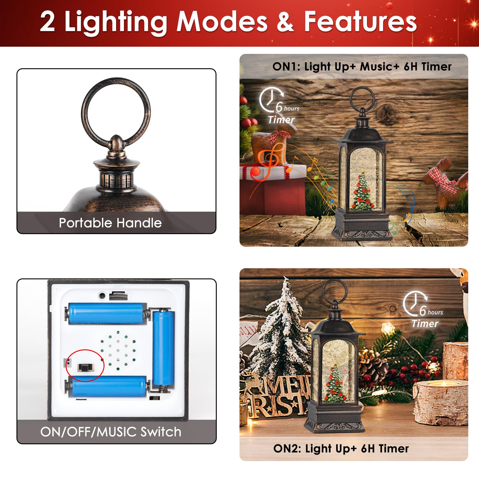 Snow Globe Christmas Decorations, 6H Timer Lighted Christmas Lantern Musical Snow Globe for Home Decor (Xmas Tree & Cardinals)