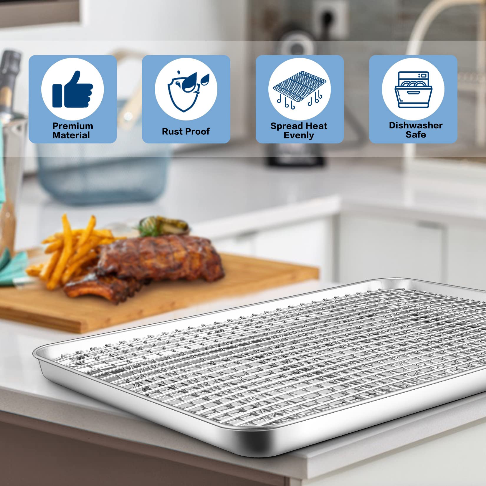 17.5 Inch Baking Sheet Pan With Rack Set Of 4, Joyfair Stainless Steel Half Size Large Cookie Sheets With Cooling Racks, Non-Tox