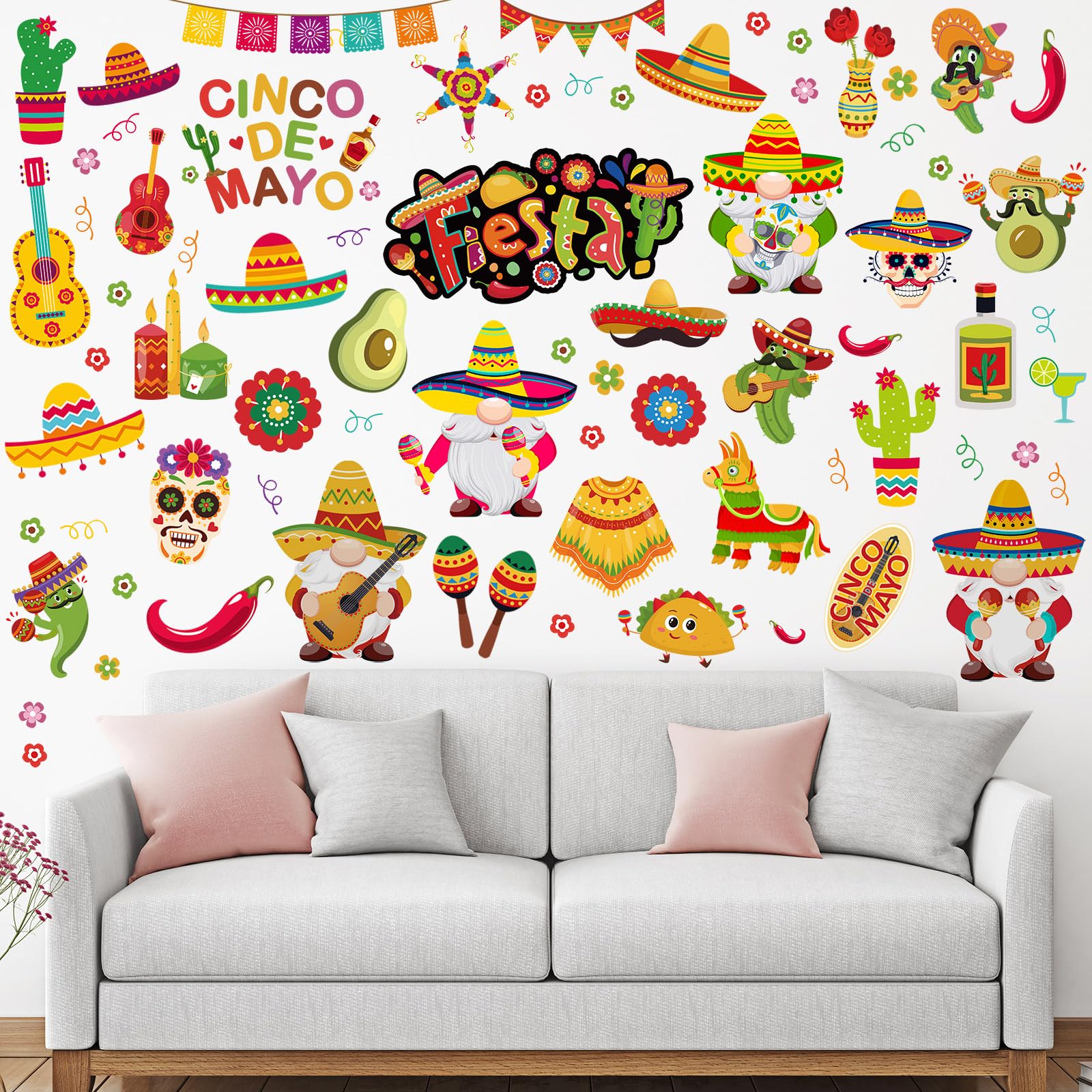 ReliThick 76 Pcs Mexican Fiesta Party Wall Decal Clings Cinco De Mayo Window Decals Colorful Cartoon Tacos Cactus Guitar PVC Sti