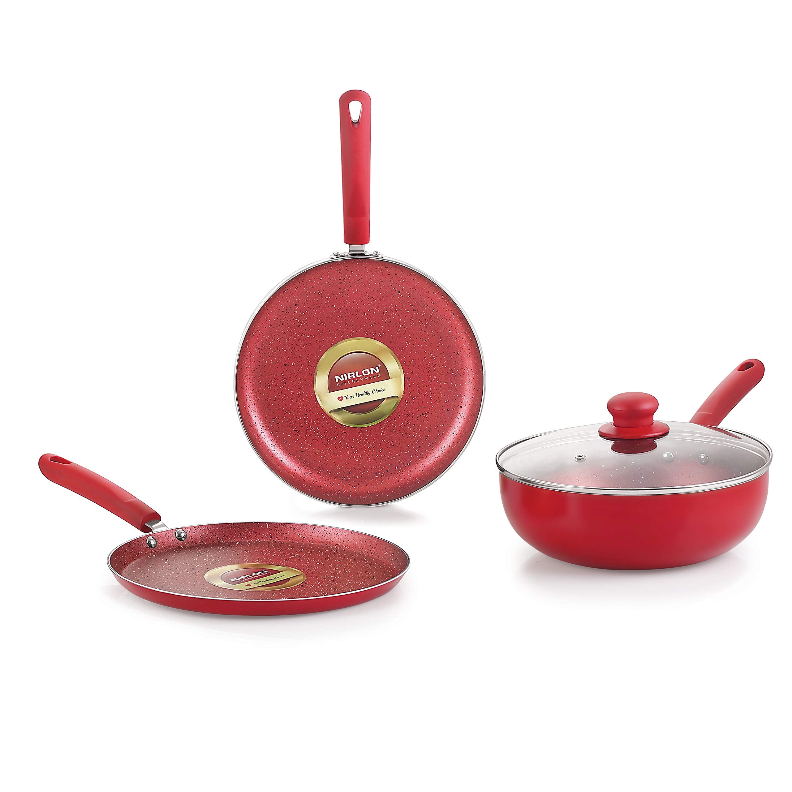 Nirlon Red Velvet 4Piece Non Stick Induction Cookware, Aluminium Pots And Pans Set With Glass Lid, Red