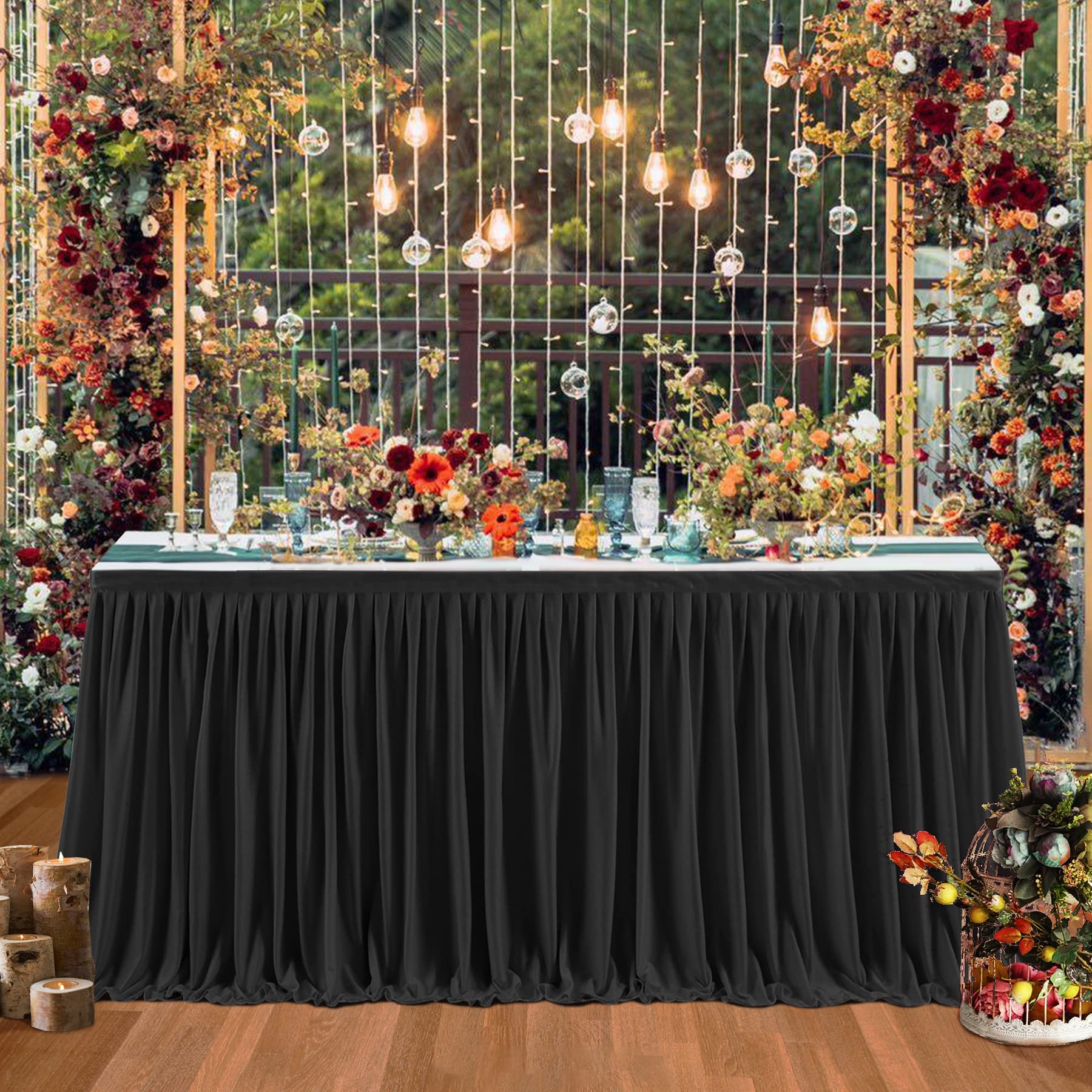 14Ft Black Table Skirts For Rectangle Tables Polyester Table Skirt Ruffle Tablecloth For Birthday Party Banquet Black Theme Part
