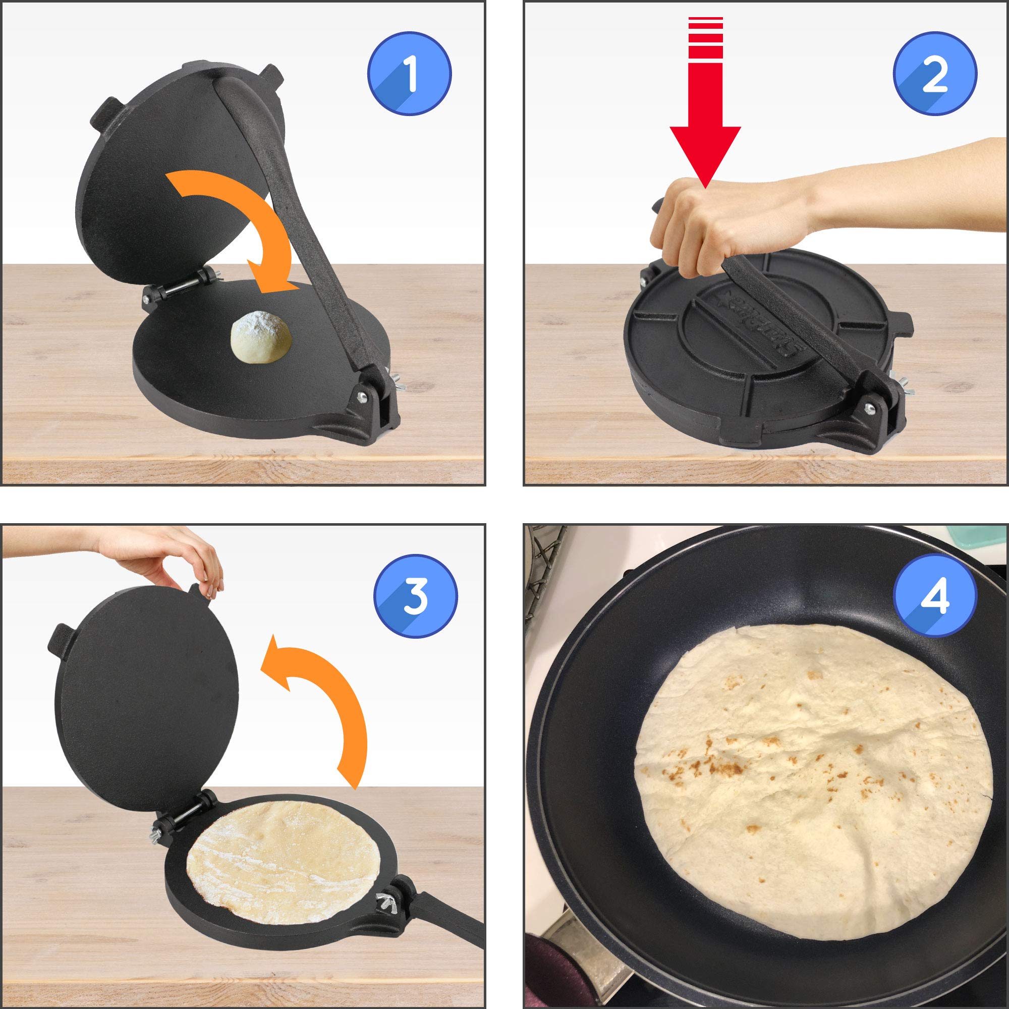 8 Inch Cast Iron Tortilla Press By Starblue With Free 100 Pieces Oil Paper And Recipes E-Book - Tool To Make Indian Style Chapat