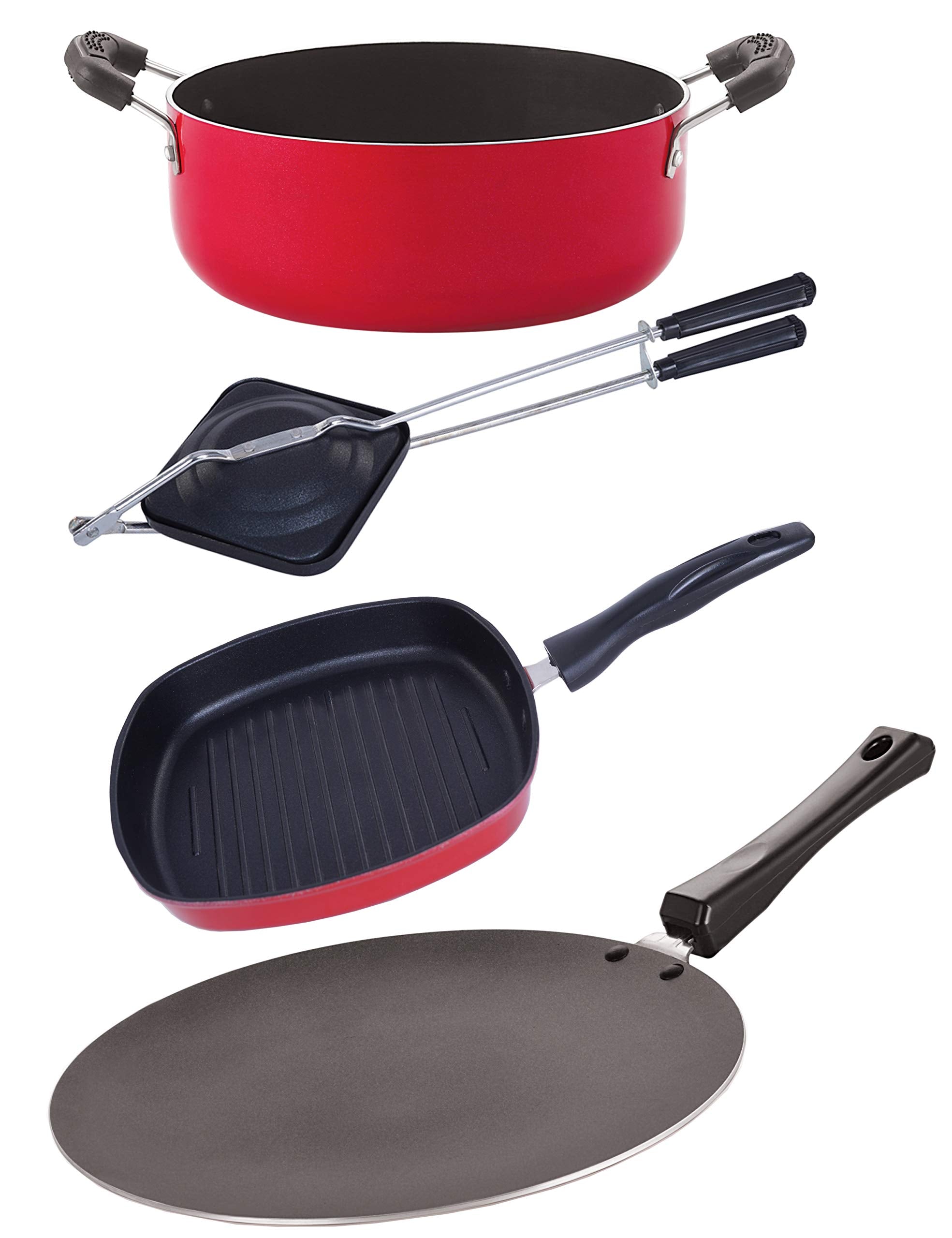 Nirlon Nonstick Aluminium Cookware Set, Red (4Pieces) (Ct11_Gp24.5_Ht_Cs24)