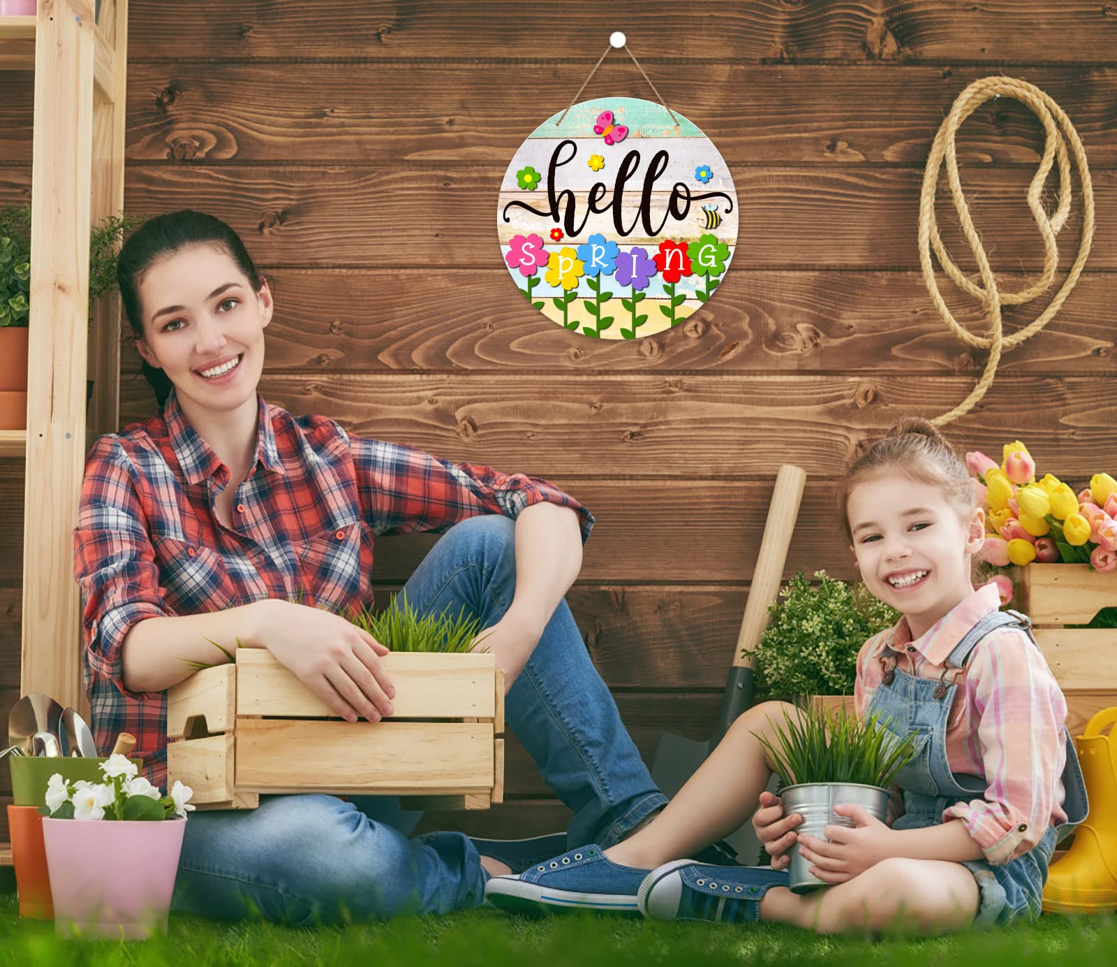 PETCEE Hello Spring Door Sign - 11.8 Colorful Flowers Welcome Decoration Wreath Farmhouse Hanging Sign for Home Front Door Wall