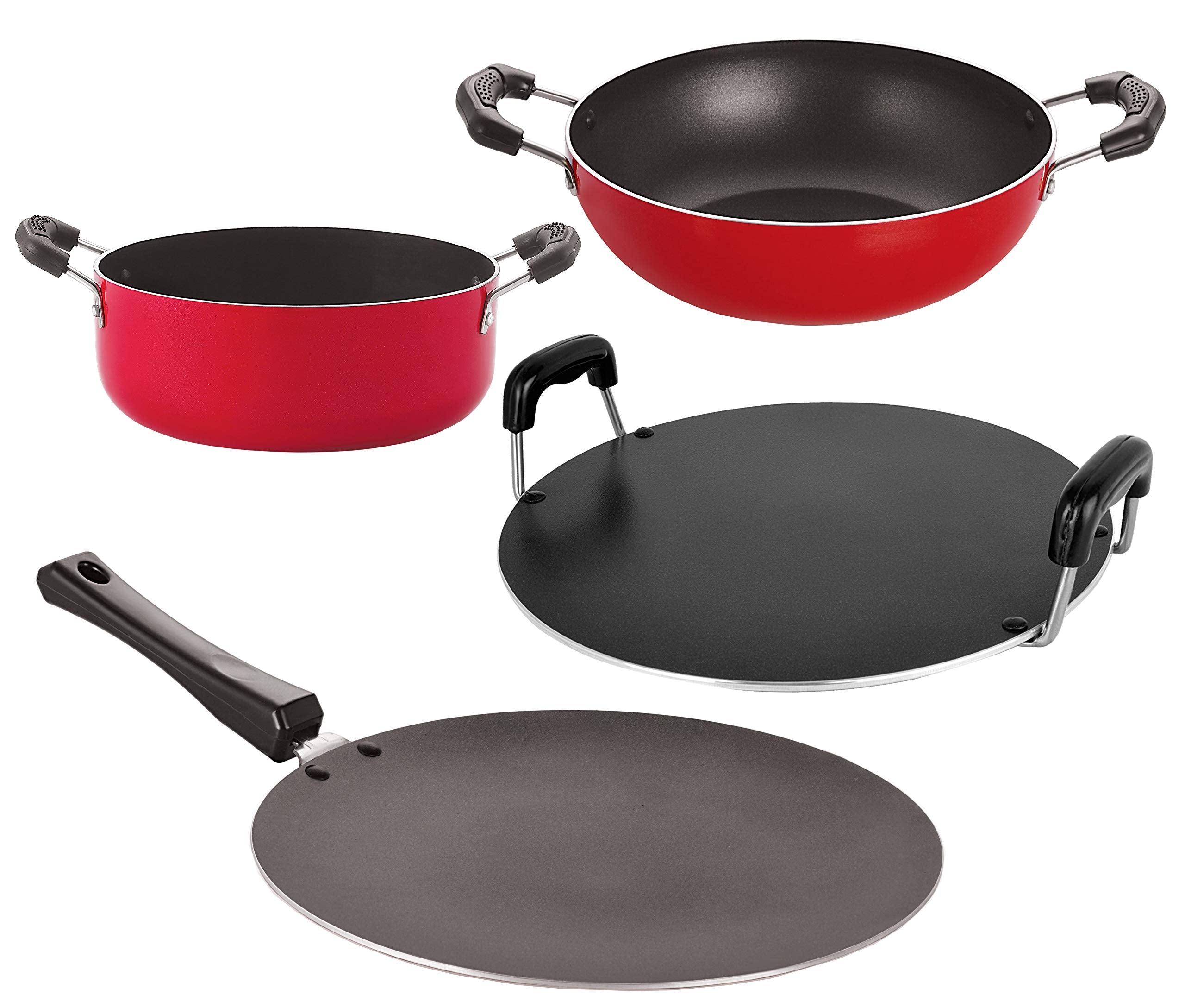 Nirlon NonStick Aluminum Cookware Set, 4Piece, Red And Black (2.6Mm_Ct_Kd12_Rt_Cass22)