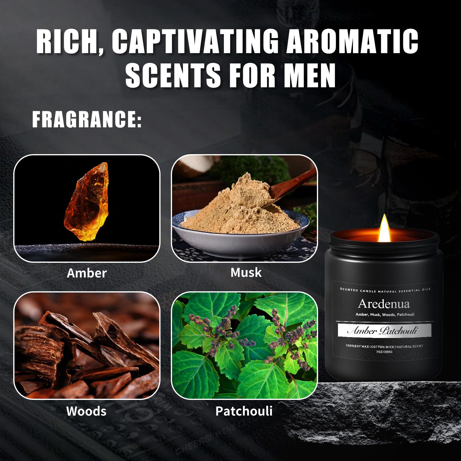 Amber Patchouli Candle, Masculine Candle - Manly Scented Candles for Home, Aromatherapy Candle Gifts for Men Women - 7oz Soy Can