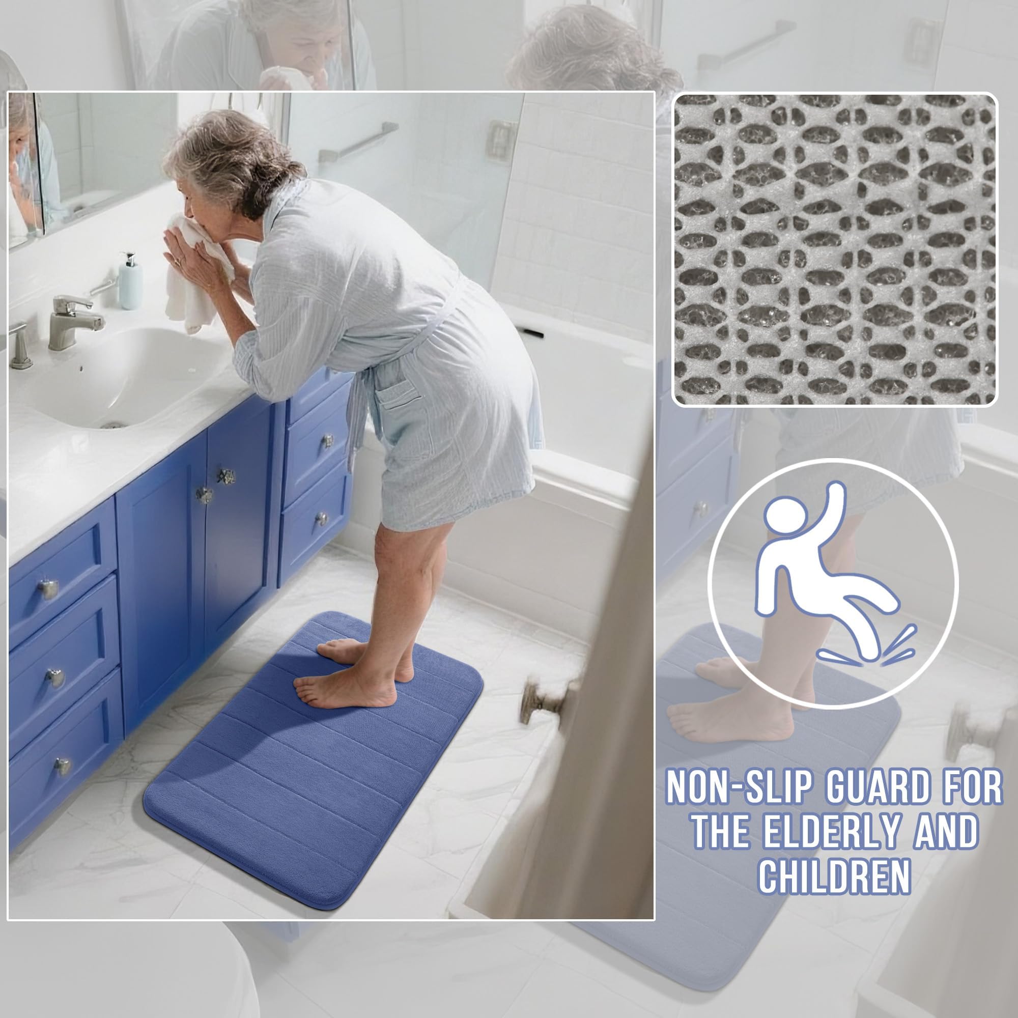 Yimobra Memory Foam Bath Mat Set  2 Pieces Soft Bathroom Rugs 17x24 and 24x20.4 U-Shaped for Bathroom Rugs  Toilet Mats  Water Absorption  Non Slip  Thick  Dry Fast for Bathroom Floor Mats  Navy Blue