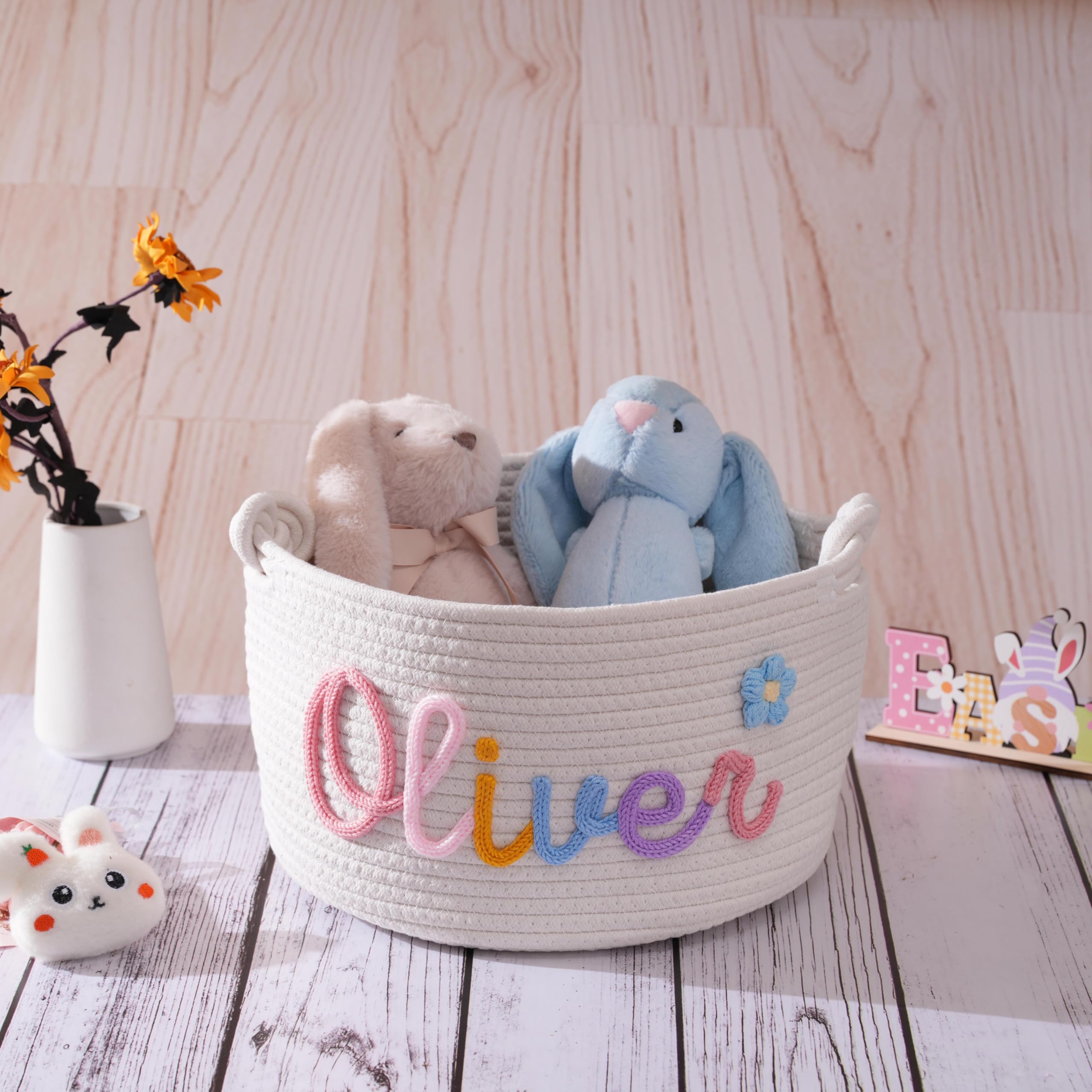 JUPPE Custom Baby Shower Basket, Personzlized Basket with Baby Name, Baby Boy Girl Storage Organizer Cotton Rope Nursery Decor N