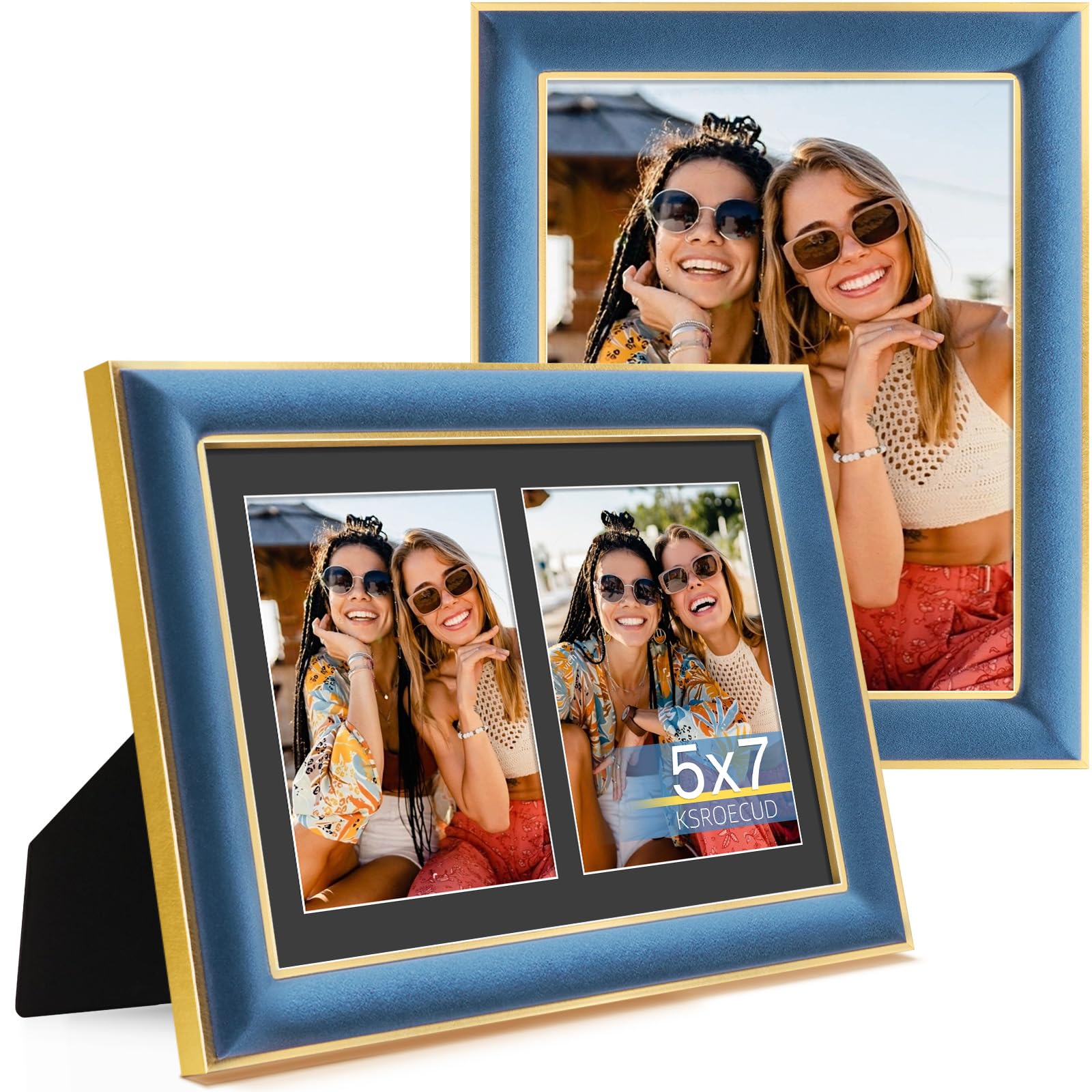 KSROECUD 8.5x11 Velvet Picture Frame with 2 Openings 5x7 Pictures, HD Real Glass Navy Blue Velvet Photo Frame with Black White B