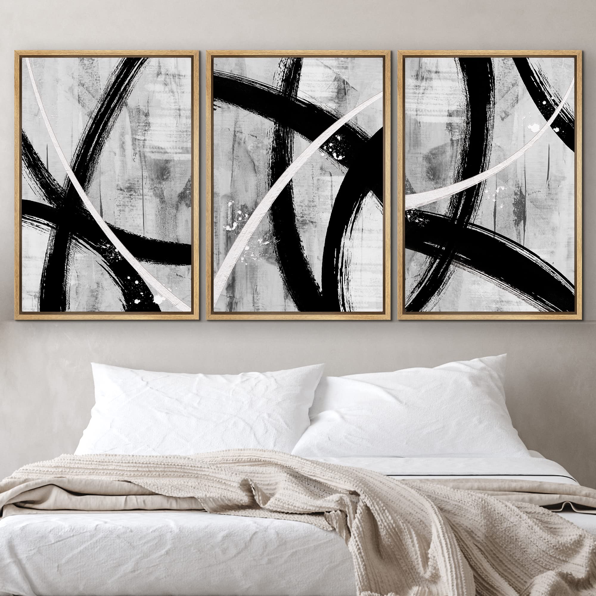 Idea4Wall Framed Canvas Print Wall Art Set Black Gray White Geometric Paint Strokes Abstract Shapes Illustrations Modern Art Con