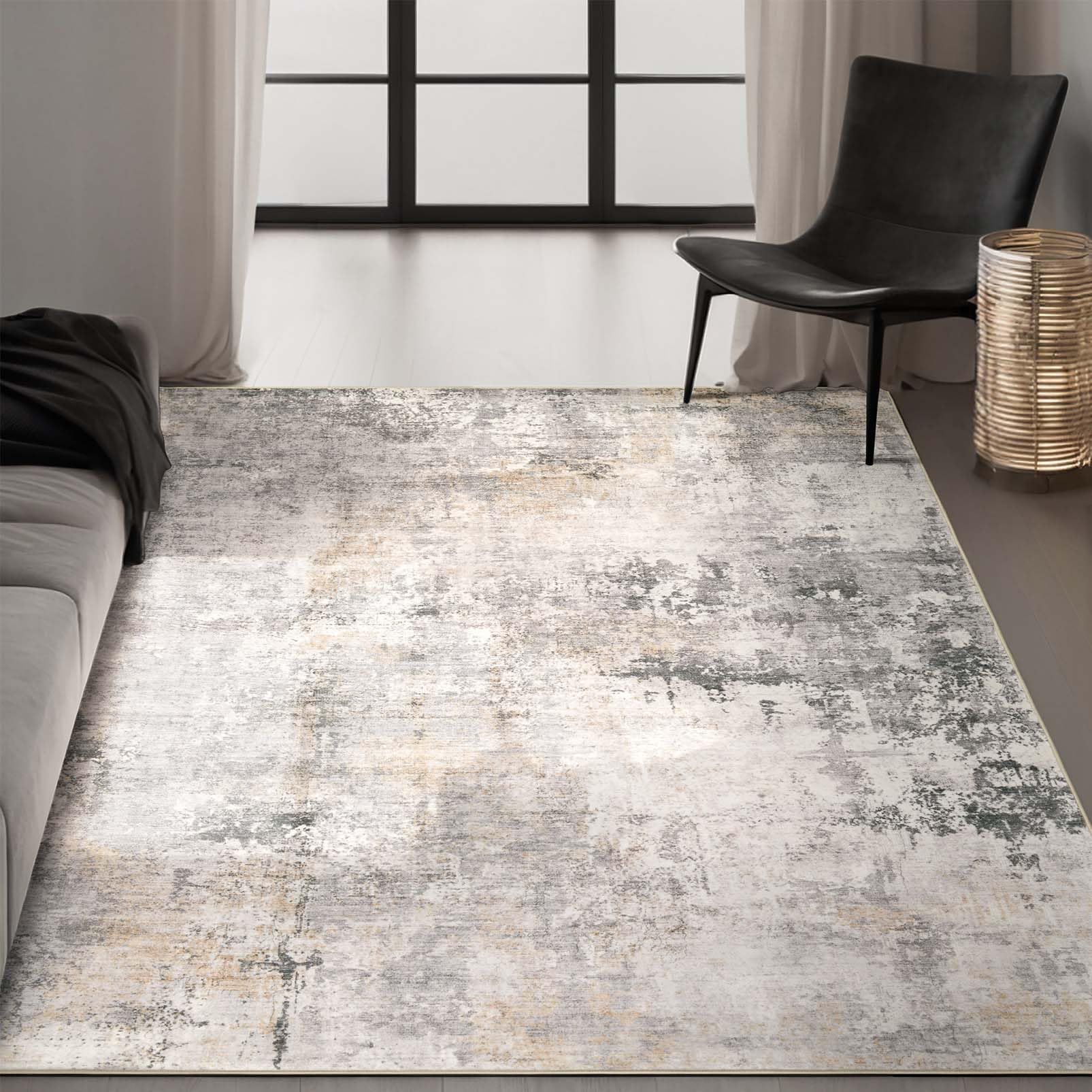 Modern Abstract Washable Area Rug - 5x7 Large Living Room Rugs Soft Stain Resistant Non-Slip Low Pile Foldable Neutral Carpet fo