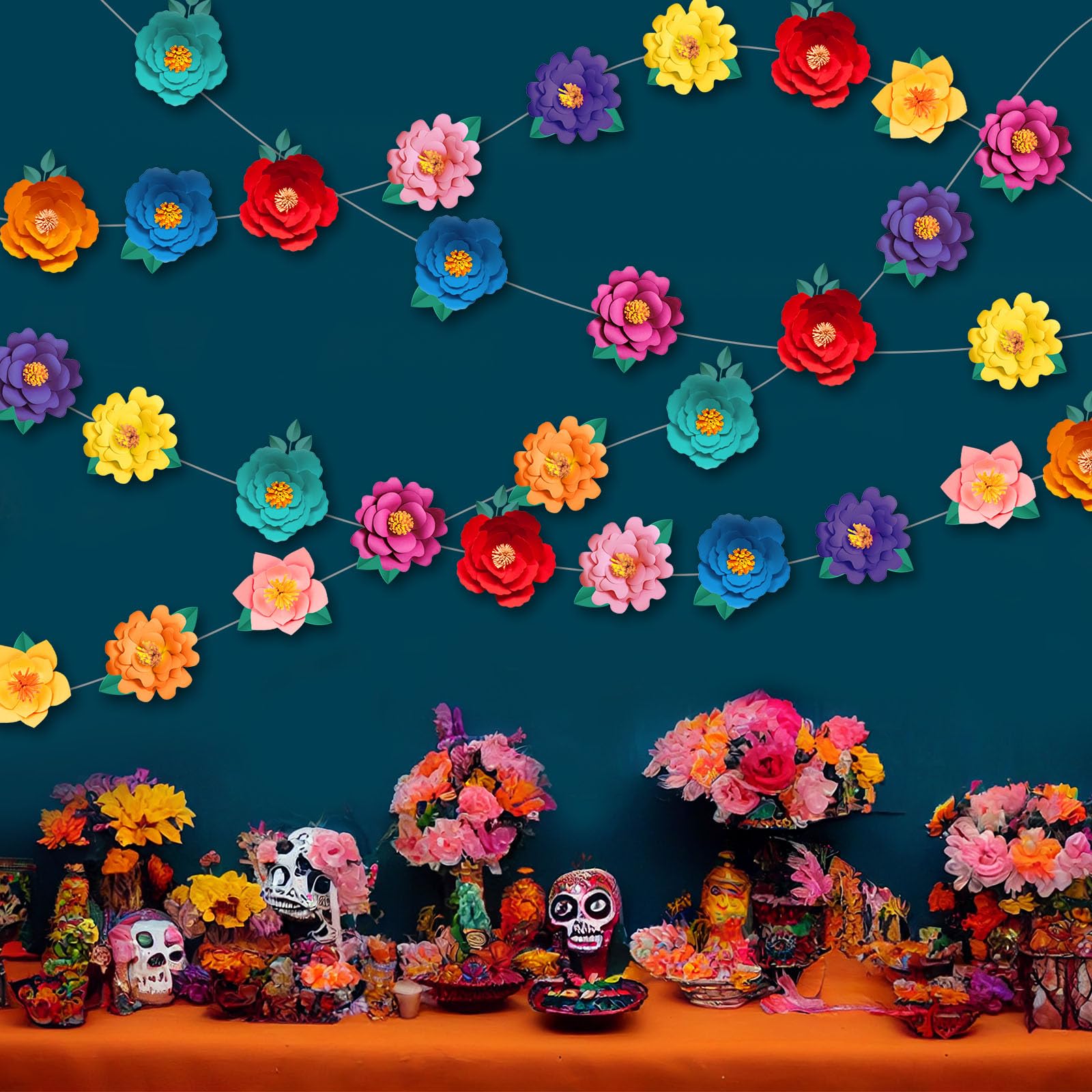 Spakon 8 Pcs Day of The Dead Paper Flower Decorations Mexican Fiesta Garlands Dia De Los Muertos Flat Floral Hanging Banner Cuto