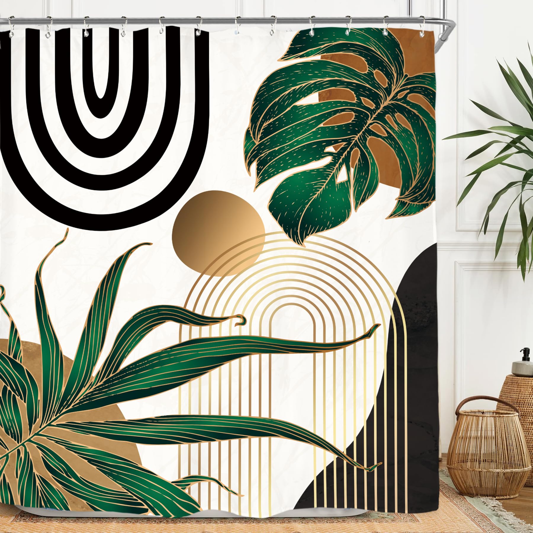 Miyotaa Emerald Green Abstract Shower Curtain Set 60Wx71H Inches Mid Century Minimalist Aesthetic Modern Contemporary Plant Trop