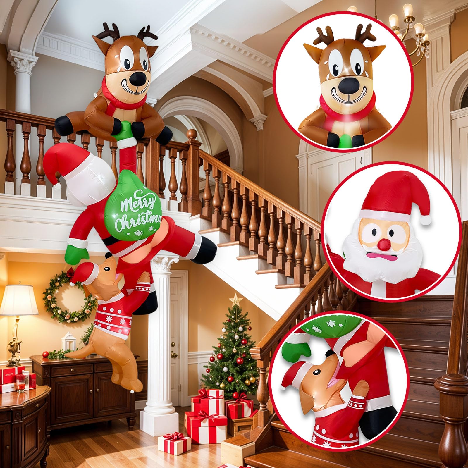 Fayavoo 8 FT Hanging Christmas Inflatable Outdoor Decoration, Inflatable Reindeer Pulling Santa and Dog, Funny Christmas Blow Up