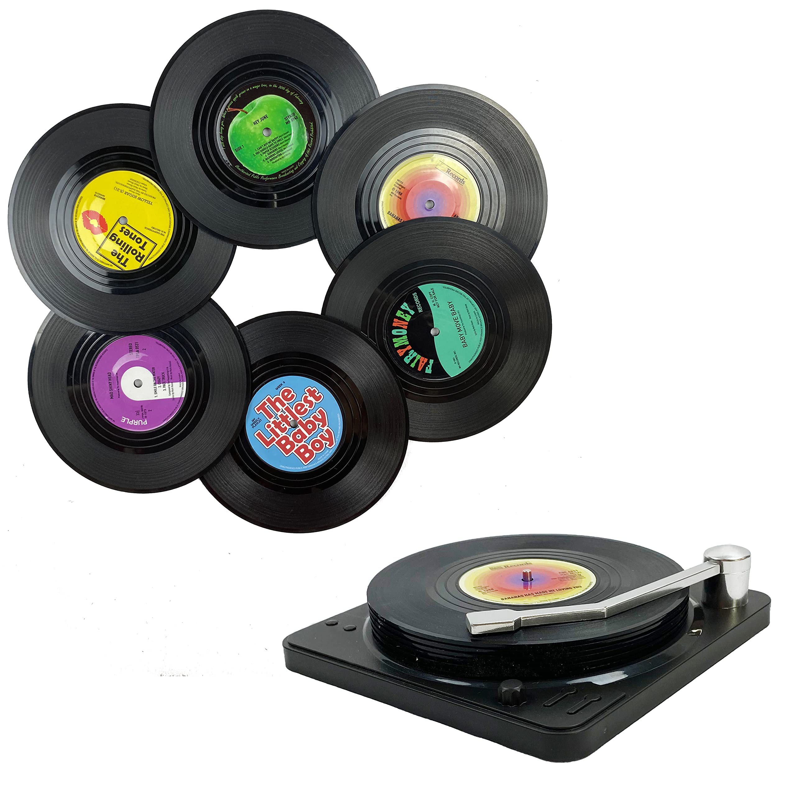 Mecowon Music Coasters With Vinyl Record Player Holder, Set Of 6 Drink Coasters For Music Lovers
