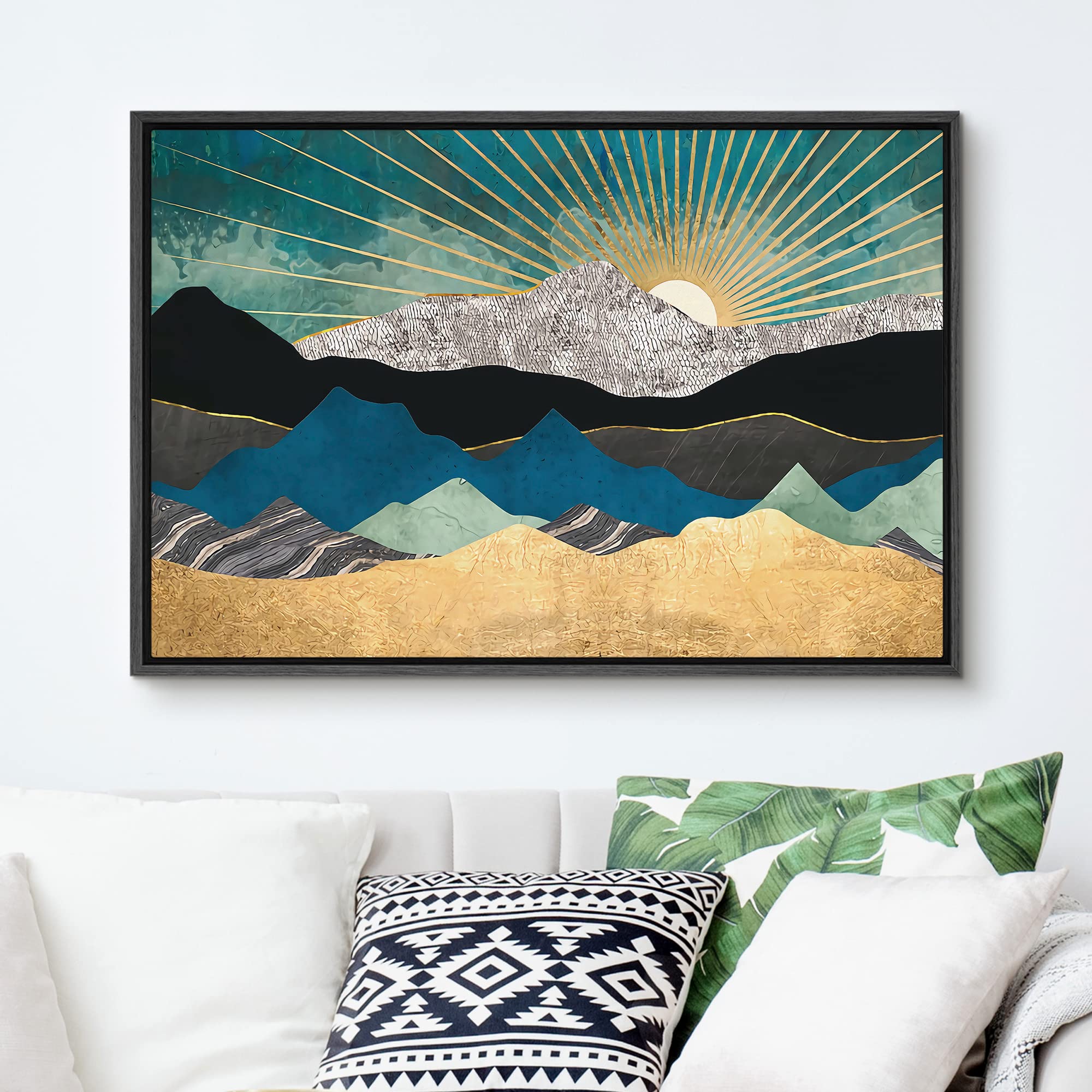 Signford Framed Canvas Print Wall Art Teal Gold Mountain Range Sunshine Nature Wilderness Illustrations Modern Art Rustic Zen La