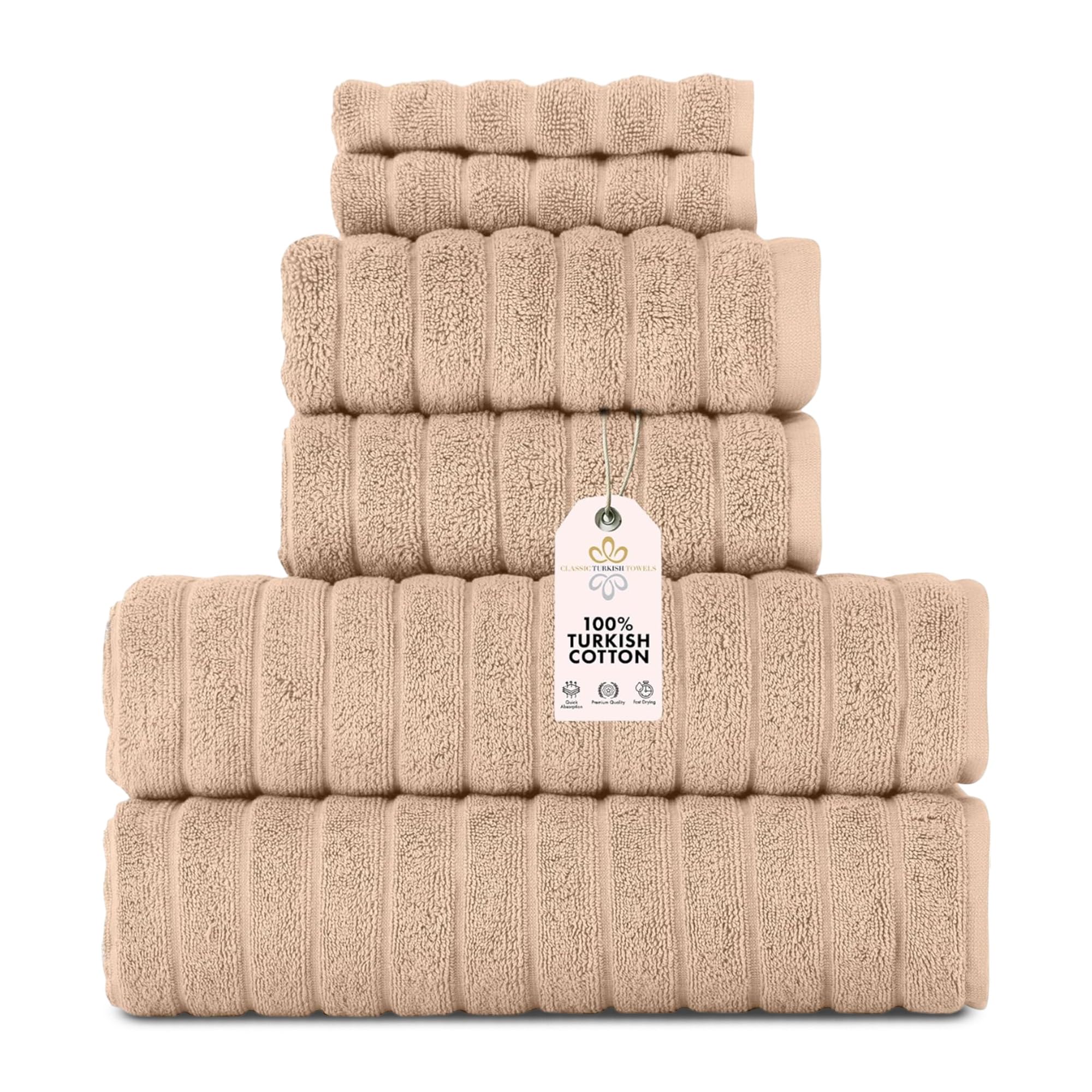 Classic Turkish Towels Luxury 6 Piece Towel Set - 2 Bath Towels  2 Hand Towels  2 Washcloths  Jacquard Ribbed  Absorbent  100% Turkish Cotton (Almond Beige)