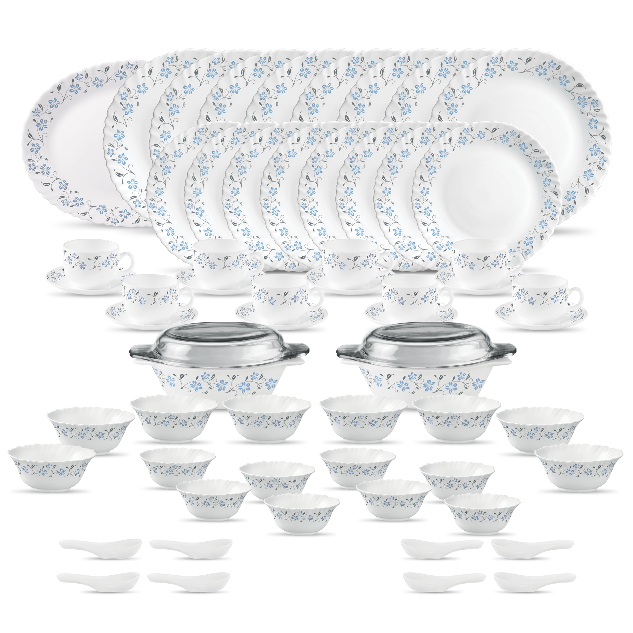 La Opala Diva Classique Collection Opal Glass Crockery | For Family Of 8 | Dinner Set 61 Pcs Grace Blue | Plates & Bowls For Din